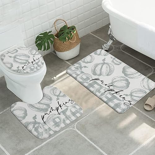 Miniatura 4 de Juego de 3 tapetes de baño de calabaza otoñal, diseño de cuadros grises de otoño, calabazas de otoño, cosecha, decoración de casa de campo, alfombra