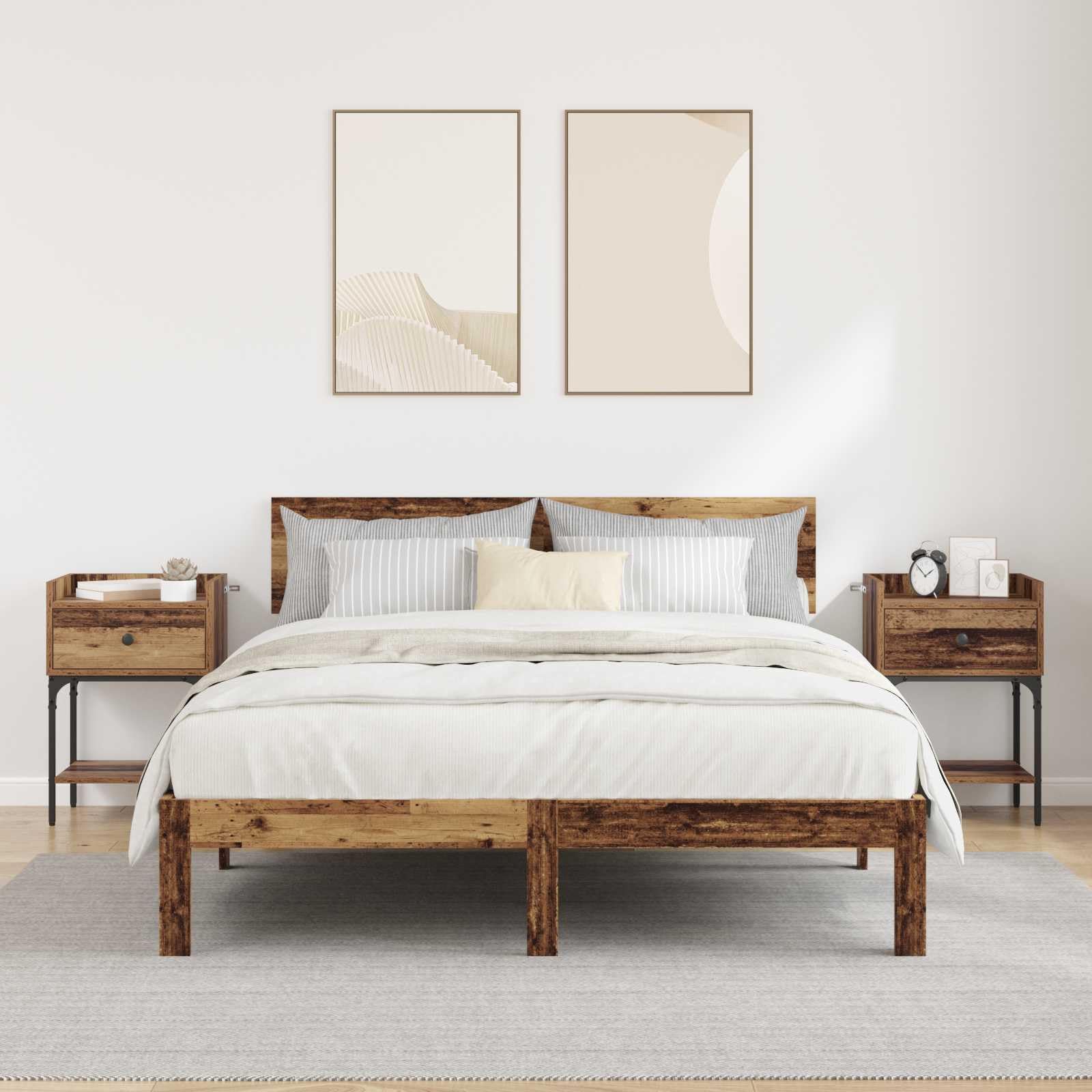 Zestaw stolików nocnych ze starego drewna, 2 sztuki, materiał drewnopochodny ze stalowymi nogami, 40 x 29 x 60 cm, szuflada, regał, miejsce do przechowywania do sypialni, salonu