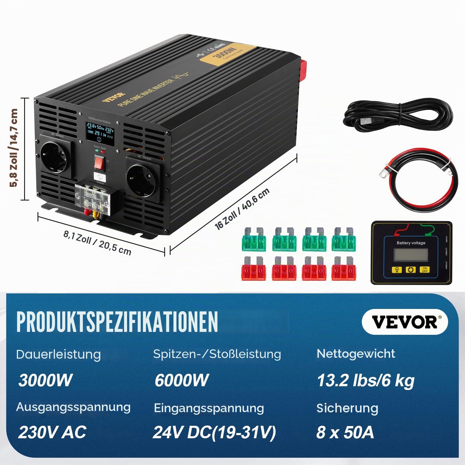 VEVOR Wechselrichter Reiner Sinuswelle 3 kW DC 24 V auf AC 230 V Spannungswandler mit USB-Anschluss LCD-Display Fernbedienung und EU-Steckdosen für Wohnmobil LKW Auto Solaranlage Reisen Camping