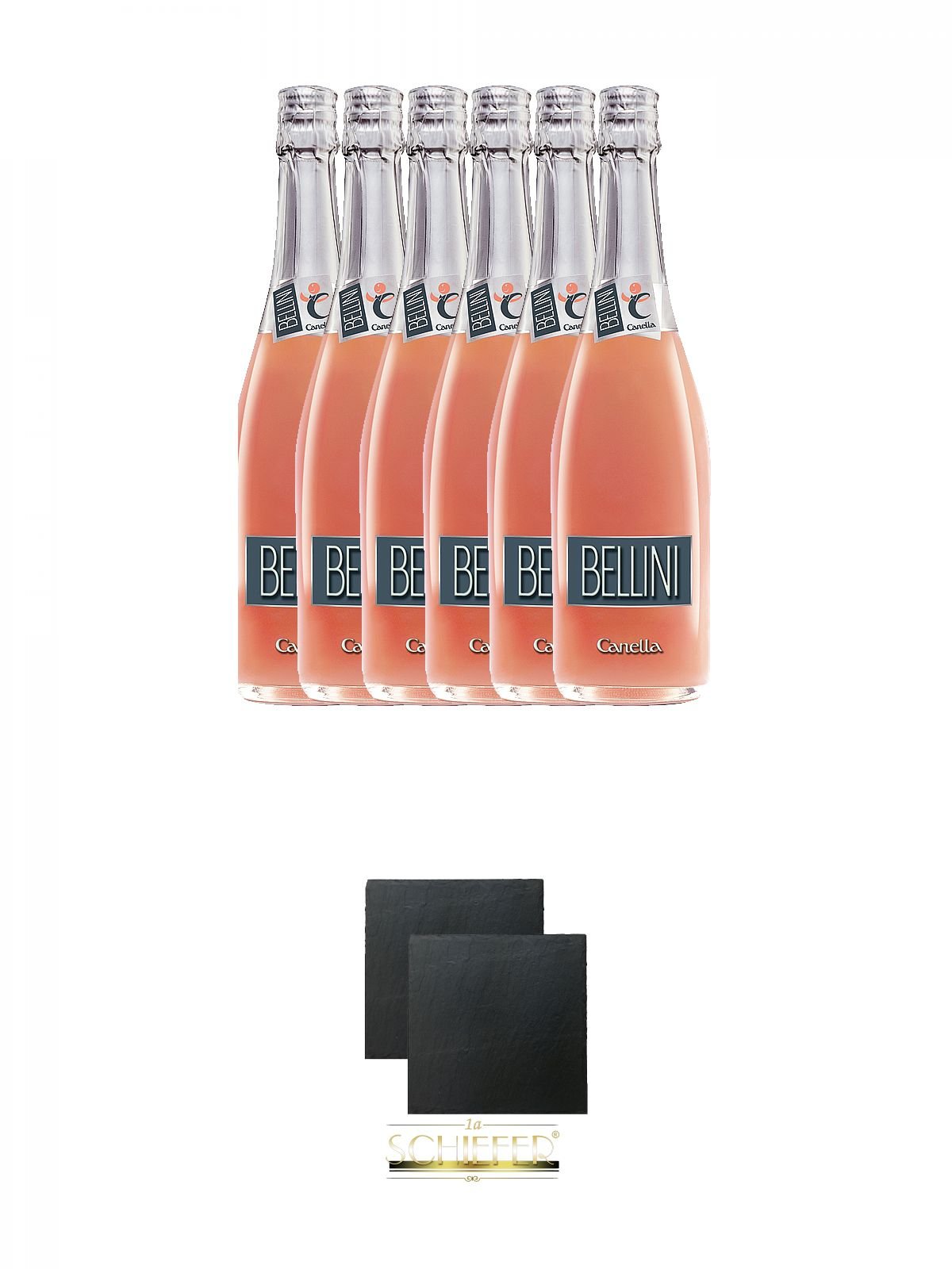 Bellini di Canella 6 x 0,75 Liter + Schiefer Glasuntersetzer eckig ca. 9,5 cm Ø 2 Stück