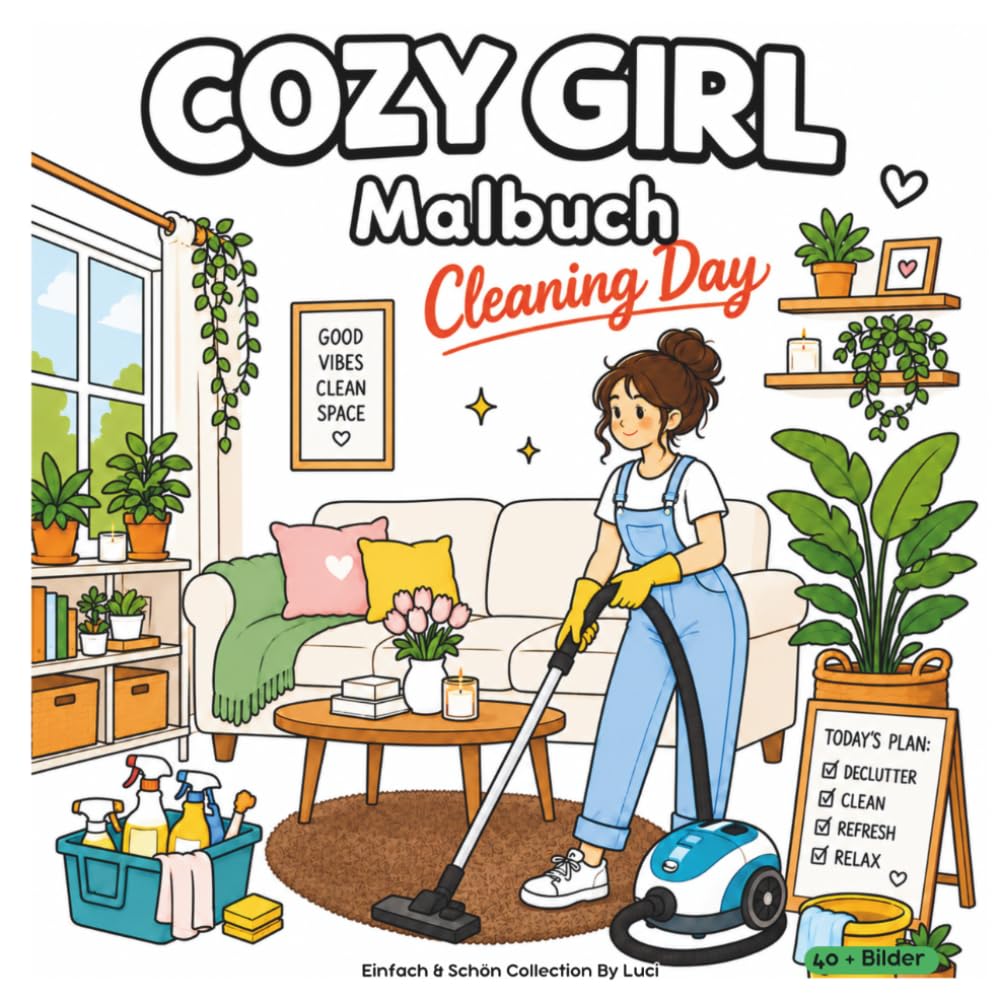 Cozy Girl - Cleaning Day Malbuch: Süßes & Entspannendes Ausmalbuch mit gemütlichen Reinigungsszenen, Organisation, Wäsche, Pflanzen, Katzen und Hygge-Momenten im Alltag