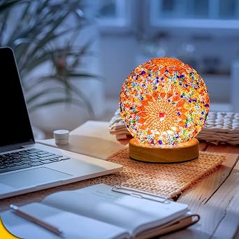 Turkish Mosaic Lamp, 3 Color Temperature Tiffany Bedside Lamp with USB Power, Moroccan Glass Lantern Table Lamp for Living Room Decor, Simple Control (D:4.7 x H:5.2) (Orange1)