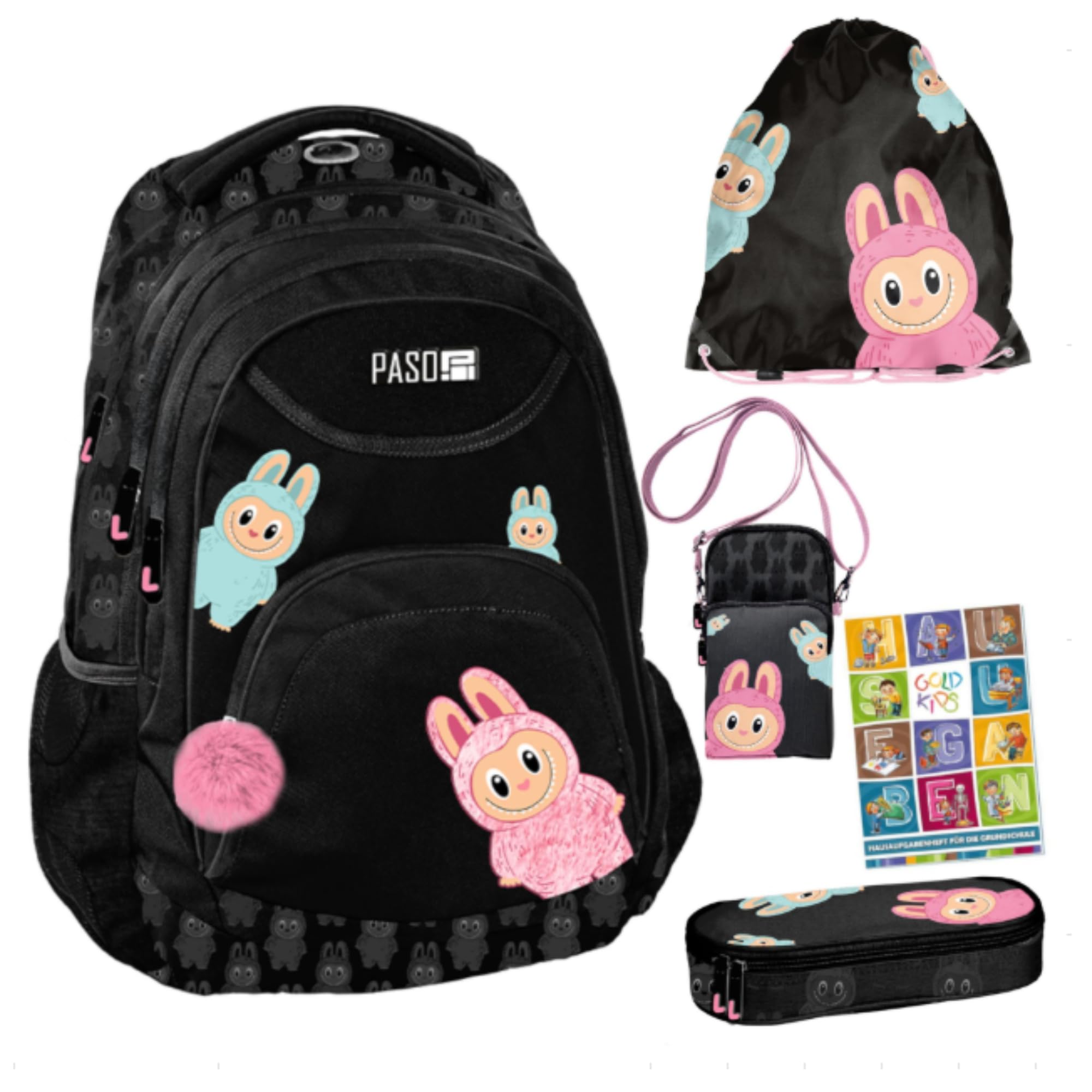 PASO - Mochila escolar para niños y niñas, juego de 4 - Mochila escolar para niños con estuche - Bolsa para zapatos y cuaderno de tareas - Diseño Bubu - Clase 1-3