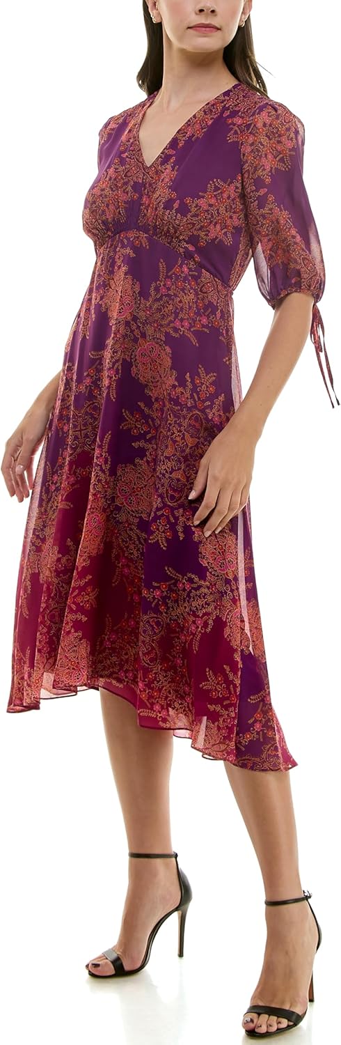 Maison Tara Womens V-Neck Chiffon Smocked Empire Midi Dress - Image 3