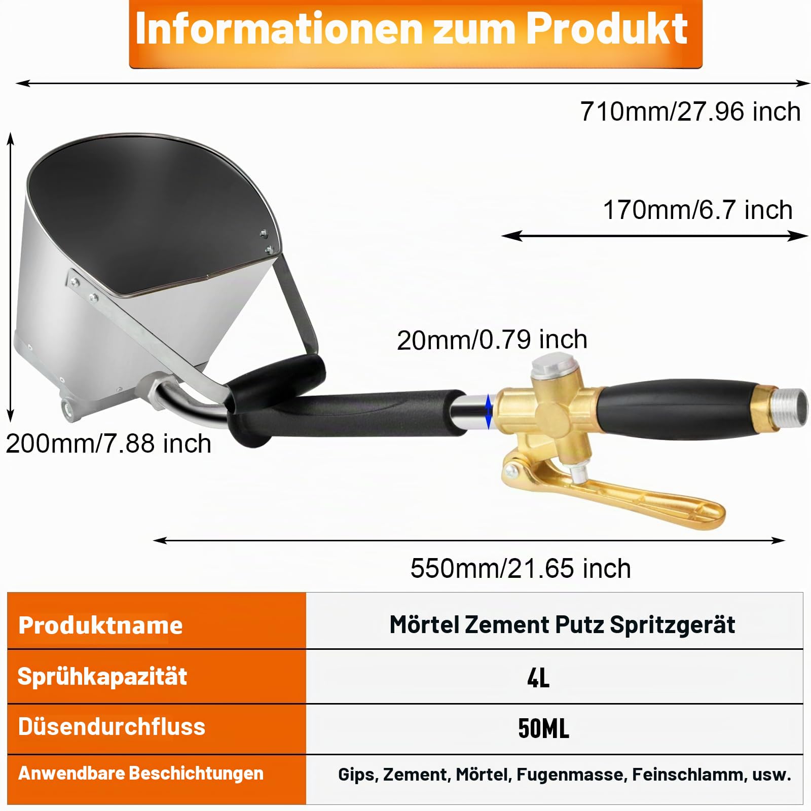 Pistole für Zementmörtel, 4L Mörtelsprüher, Spritzpistole für Gipskarton
