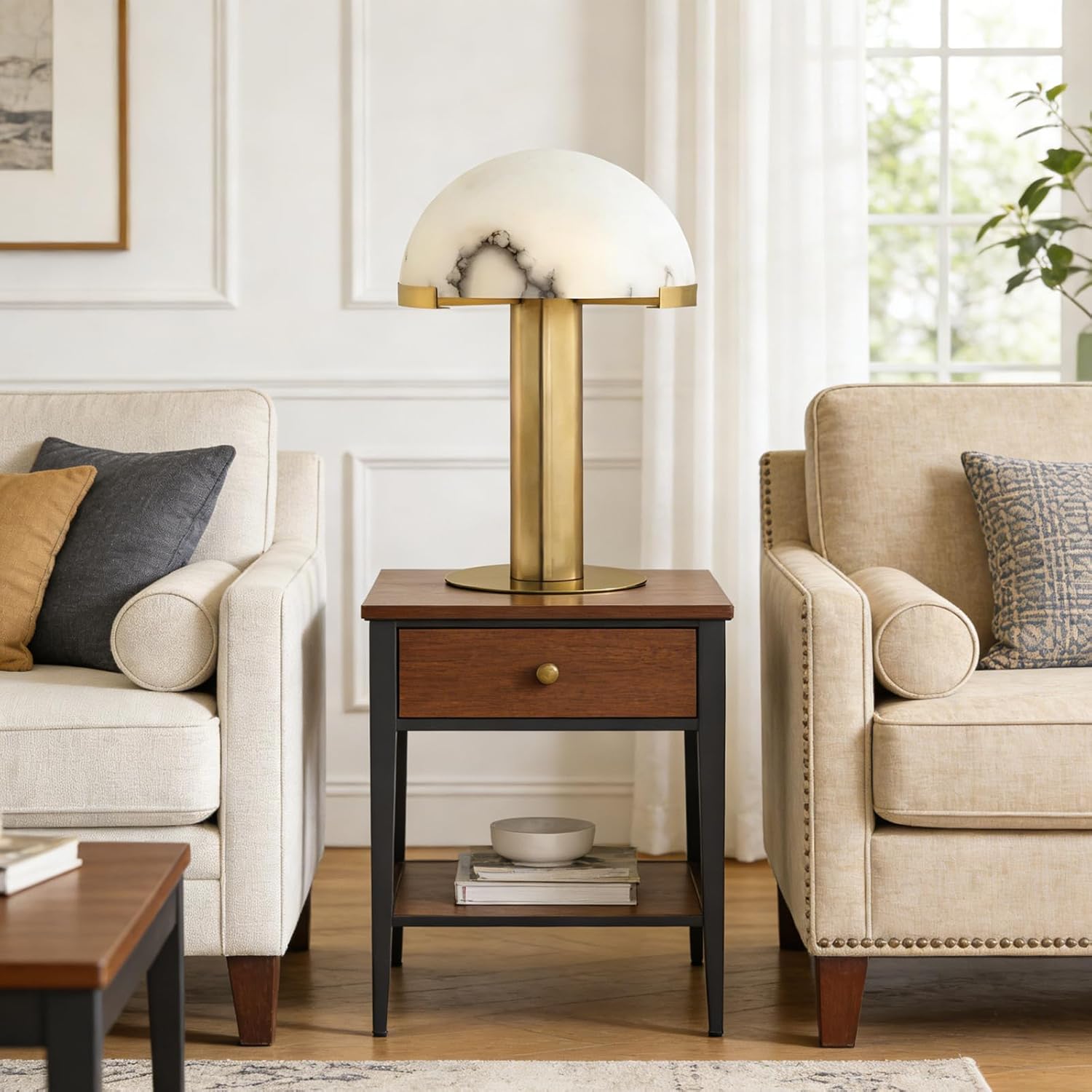 Postmodern Faux Marble Table Lamp, Golden Copper Metal Decorative Lamp Body and a Mushroom Dome Shaped Lamp Shade, for Bedside Reading Lamp in Living Room Bedroom Study Room Office