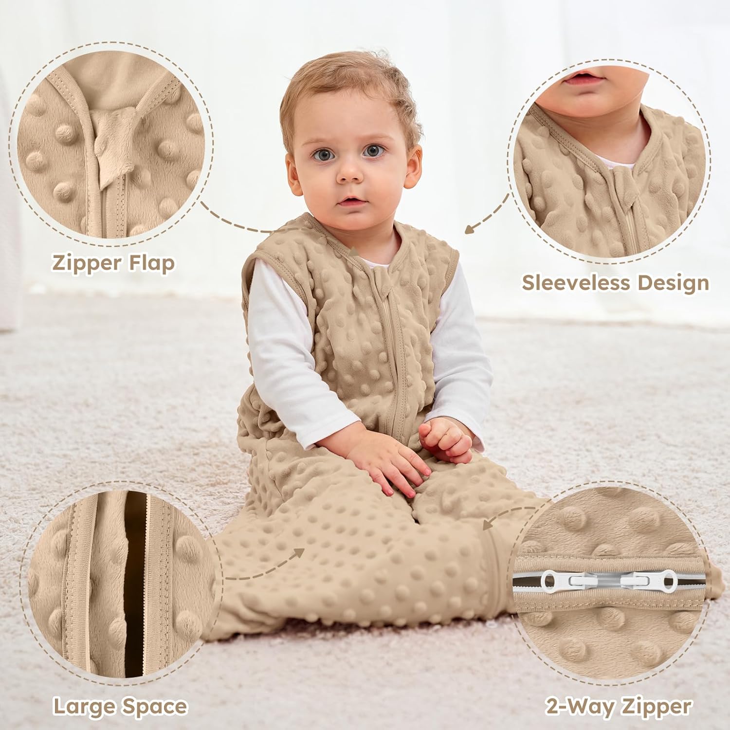 Yoofoss Fleece Baby Sleep Sack 6-12 Months with Plush Dots, TOG 1.5 Baby Wearable Blanket with 2-Way Zipper, Cotton Toddler Sleep Sack Fleece
