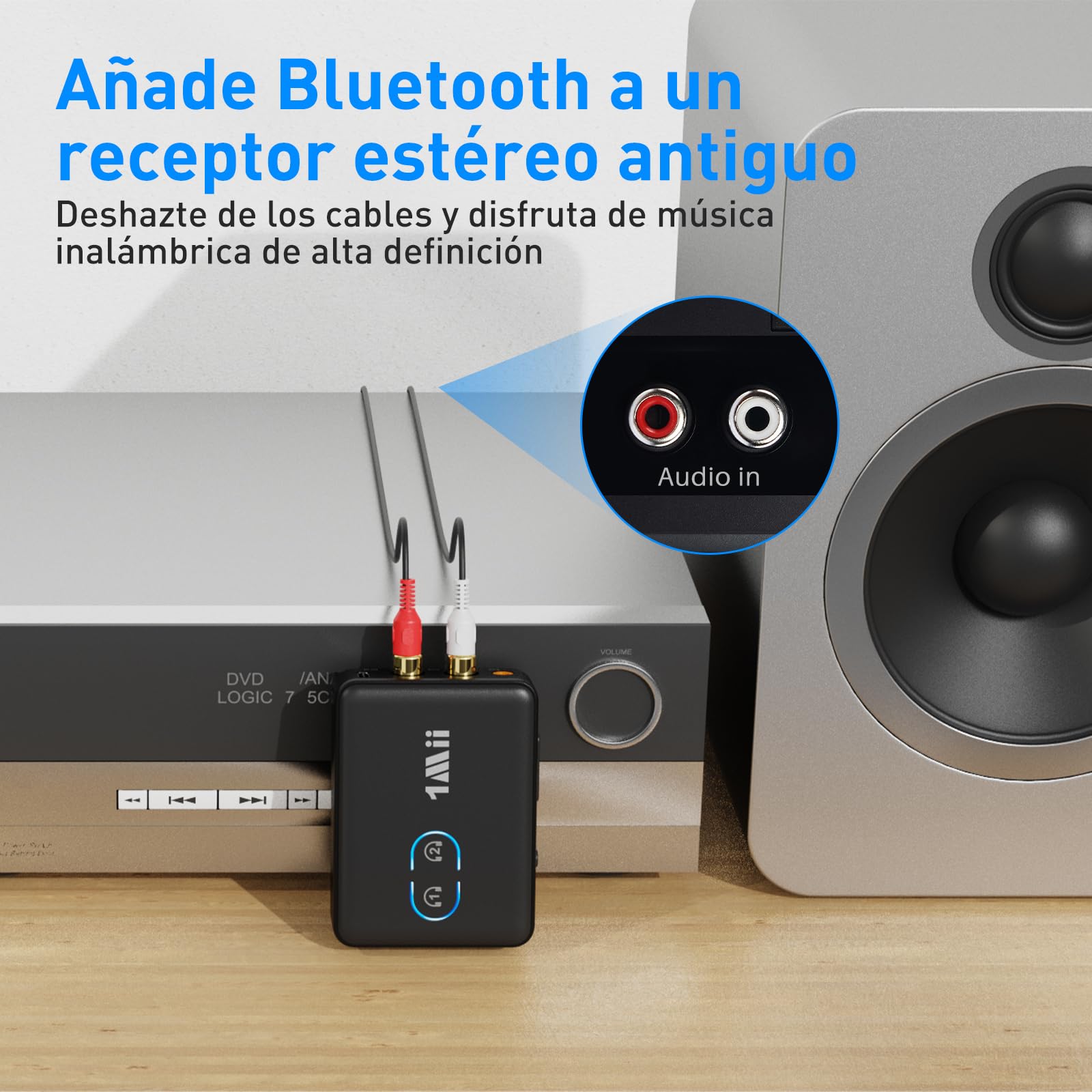 1Mii Transmisor Receptor Bluetooth 5.3 para TV, Adaptador de Audio HiFi con RCA y Conector AUX de 3.5mm, aptX de Baja Latencia/HD/AD, Control de Volumen, Doble Enlace para 2 Auriculares, PC, Estéreo