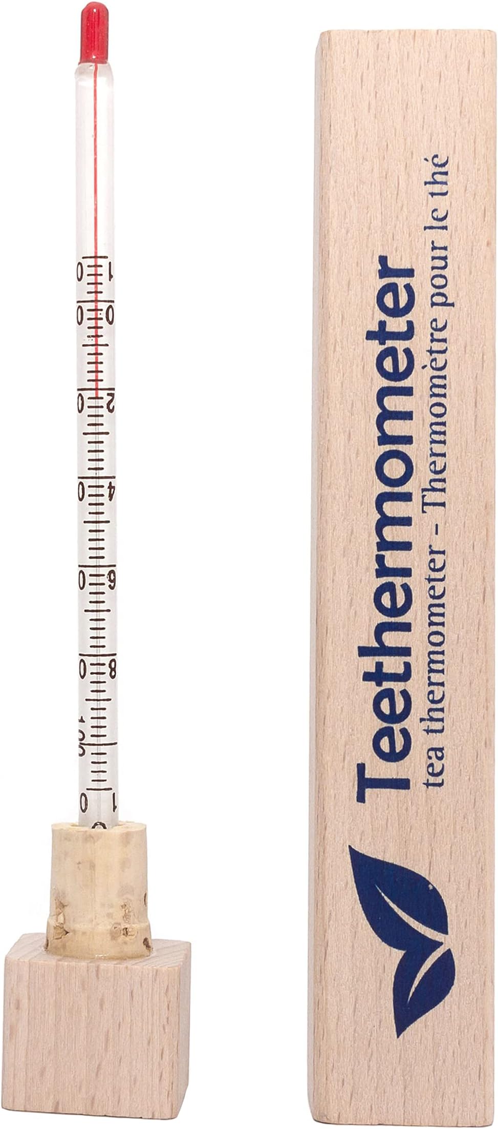 Tea/cup glass thermometer in wooden case, - temperature range up to 102°C
