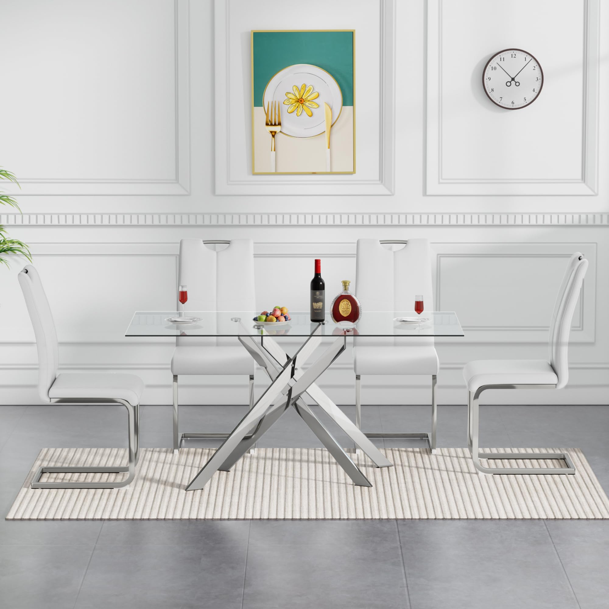 Maotifeys Glass Dining Table Set for 4, 5-Piece Modern Kitchen Table Set with 4 High-Back PU Leather Upholstered Chair for Kitchen Dining Room