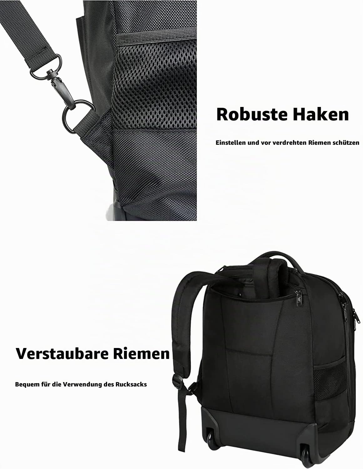 MATEIN Trolley Handgepäck Rucksack, Business Trolley Koffer Groß, Rucksack Mit Rollen 18 Zoll Reisetasch, Pilotenkoffer Reiserucksack für Flugzeug Arbeit Reisen, Schwarz