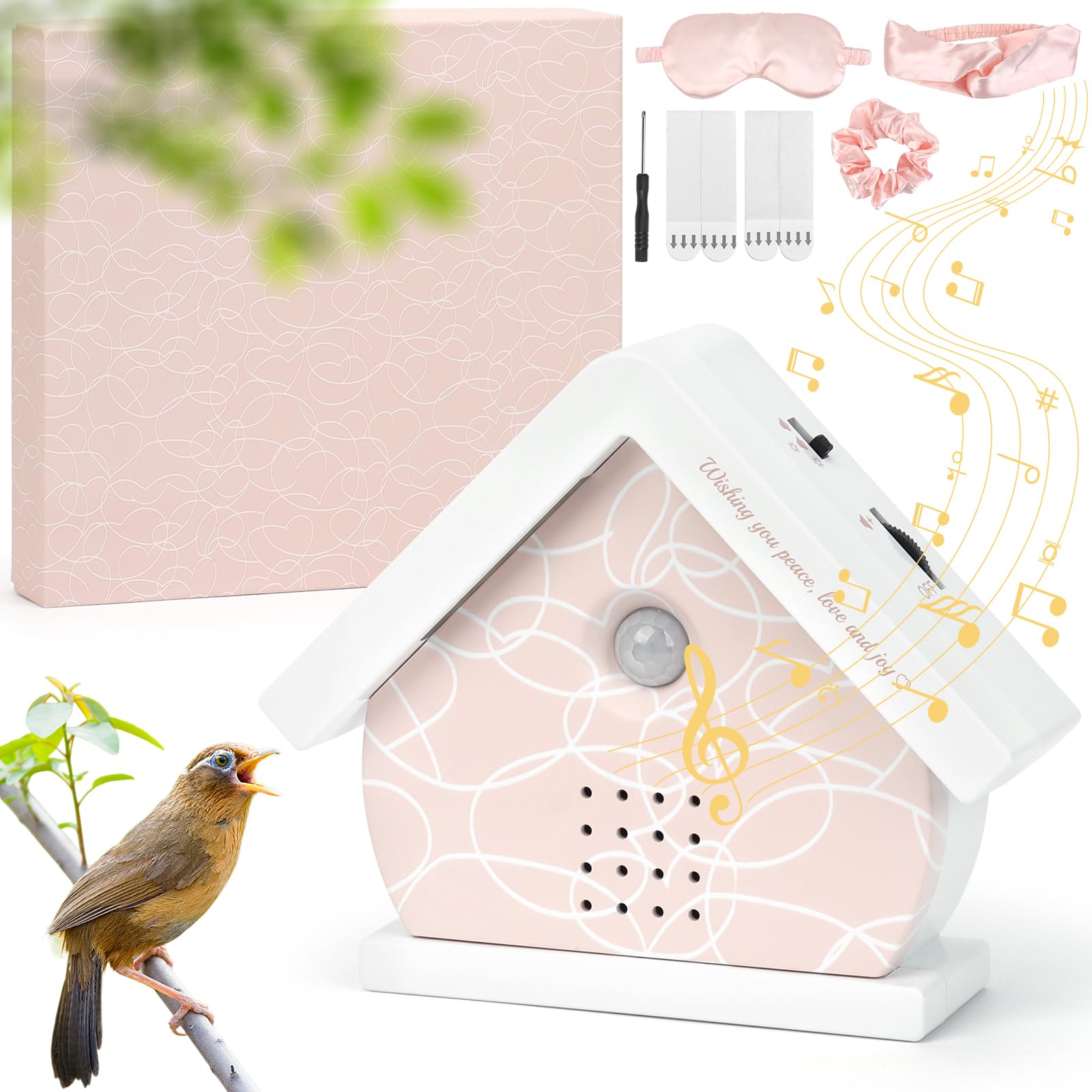 Vogelgezwitscher Box mit Bewegungsmelder & Licht, 12 Naturgeräuschen, Rosa Herz-Haus Design, inkl. Schlafmaske, Haarband, White Noise Machine, Muttertagsgeschenk für Mama, Frauen (Englisch‌)