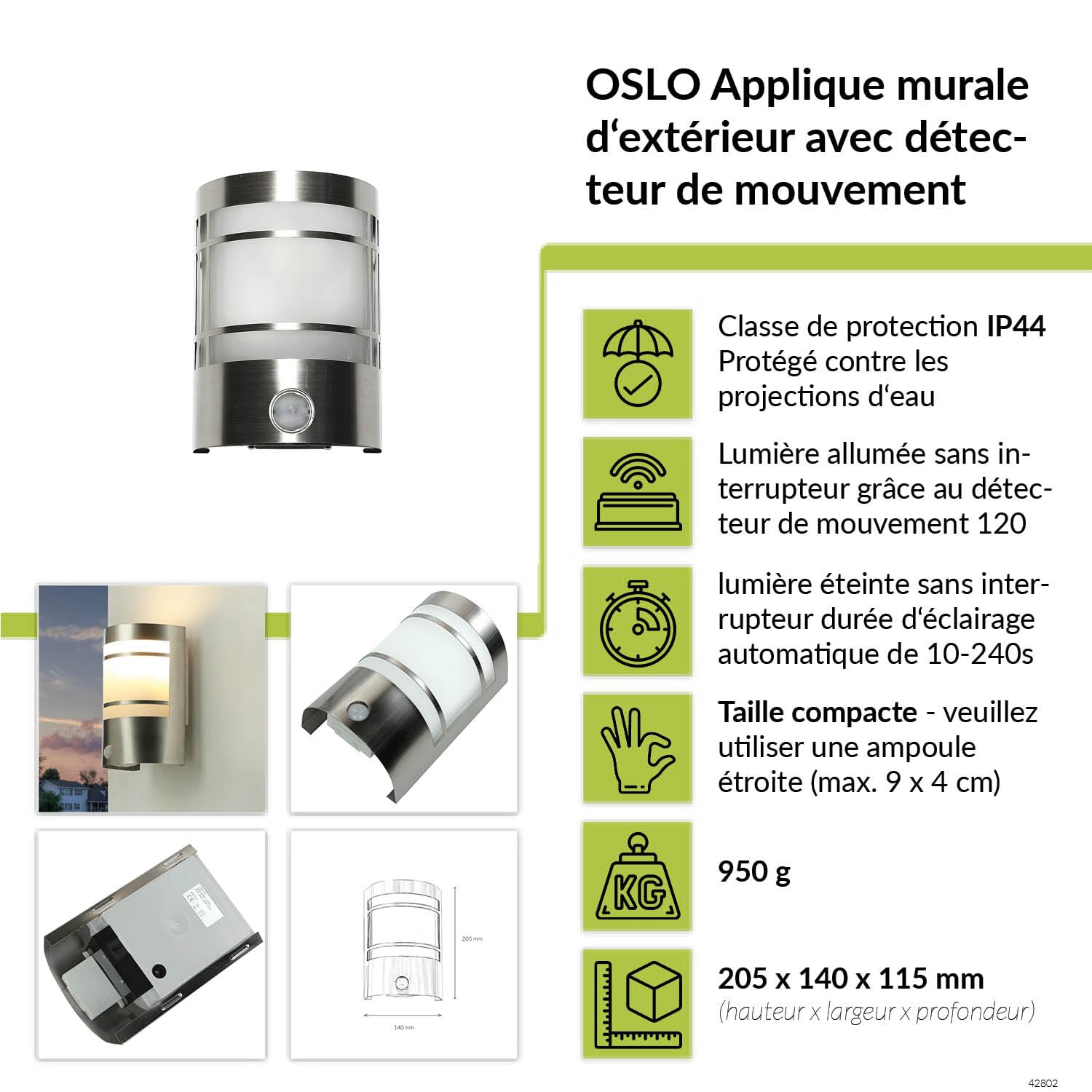 Applique murale extérieure avec détecteur de mouvement en acier inoxydable argenté IP44 Terrasse Jardin 20,5 cm de haut E27 Lampe extérieure moderne Entrée Balcon OSLO