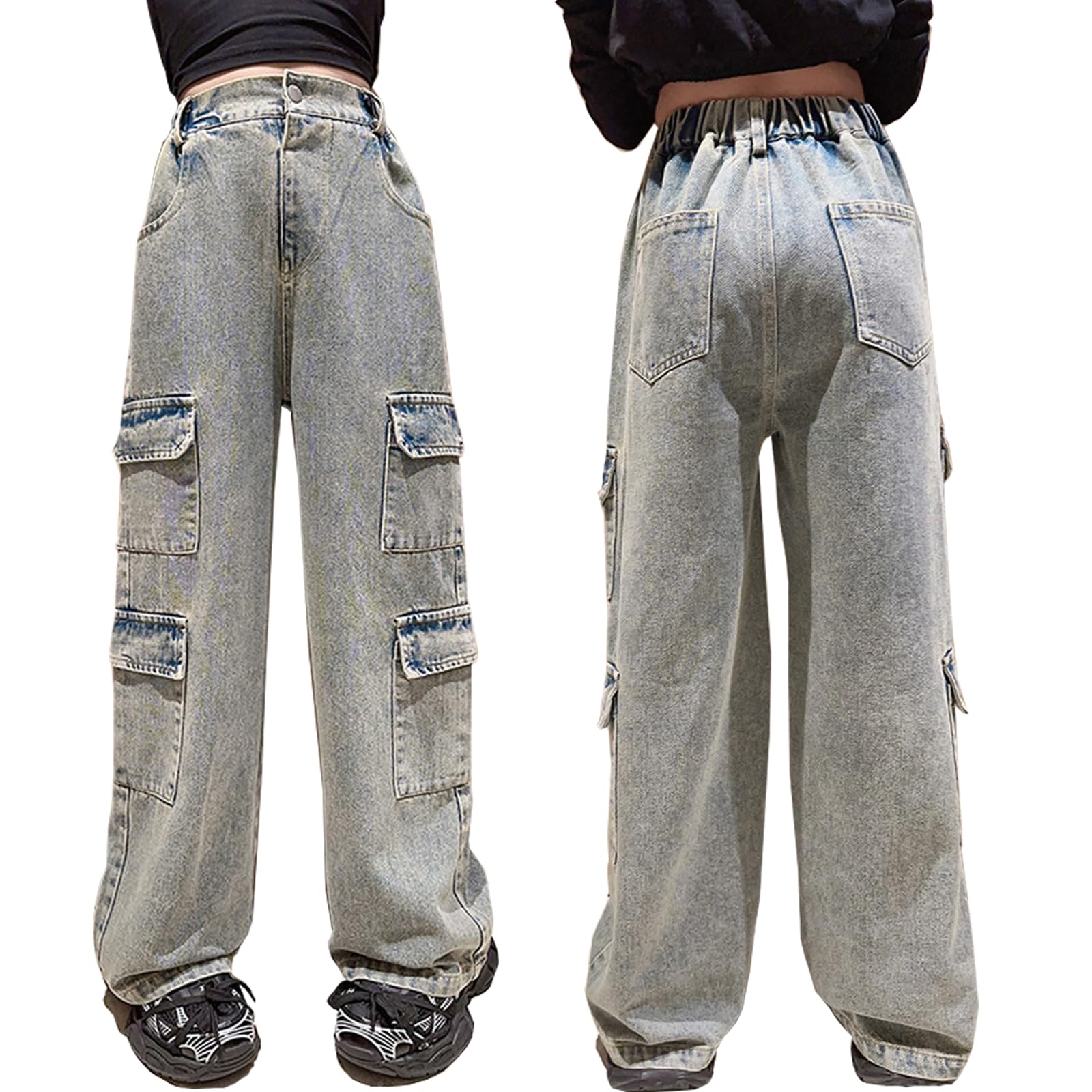 Pantalones de mezclilla para niñas de 4 a 14 años, estilo cargo, rasgados, desgastados, cintura elástica, pantalones holgados