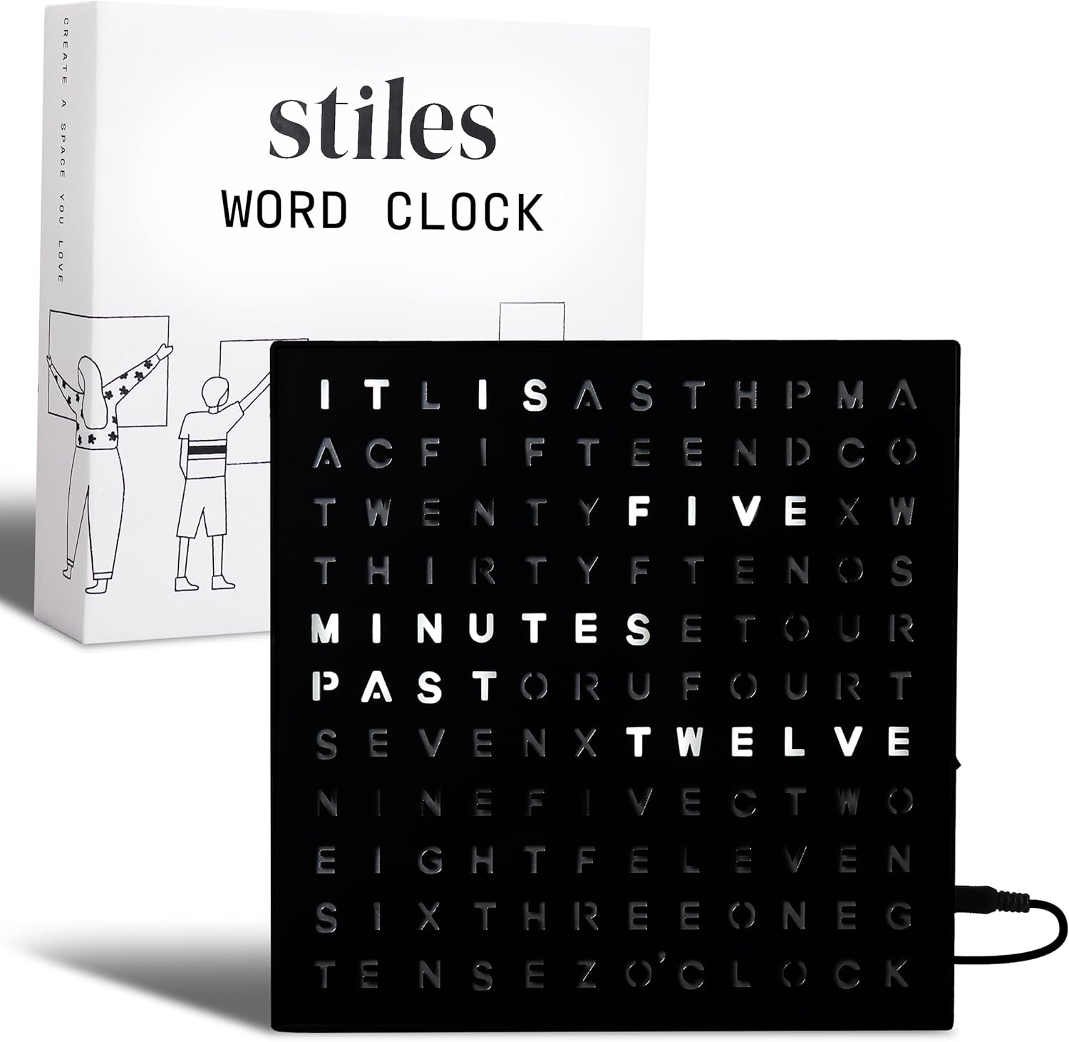 Stiles Word Clock, 8" by 8" Modern LED Desk Clock with USB Cable, Aluminum, Unique with Words, Contemporary, Living Room, Bedroom, Home, or Office Lightup Decor, Gift Item, Black