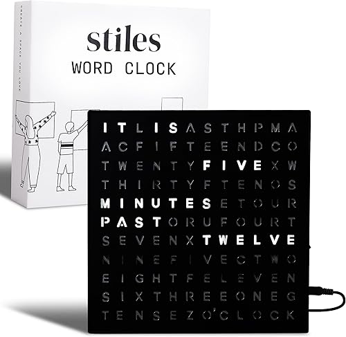 Reloj de palabras Stiles, reloj de escritorio LED moderno de 20 cm por 20 cm con cable USB, aluminio, único con palabras, contemporáneo, para sala