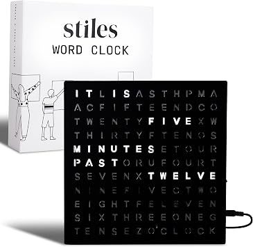 Stiles Word Clock - 8"x8" LED Desk Clock with USB Cable, Black | Modern Aluminum Light Up Decor for Home, College Dorm, Living Room, Bedroom & Office - Decorative, Contemporary Gift
