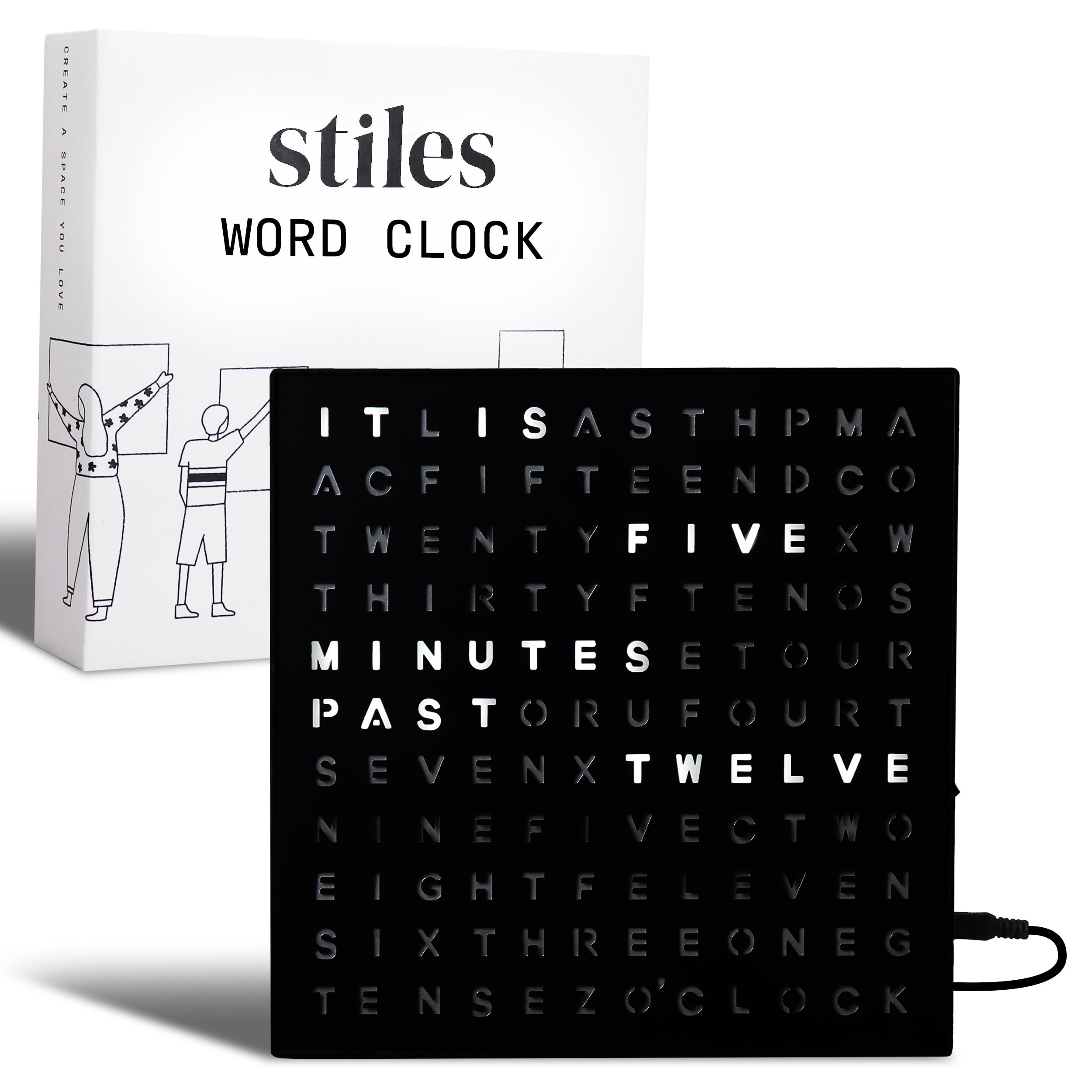 Stiles Word Clock, 8" by 8" Modern LED Desk Clock with USB Cable, Aluminum, Unique with Words, Contemporary, Living Room, Bedroom, Home, or Office Lightup Decor, Gift Item, Black