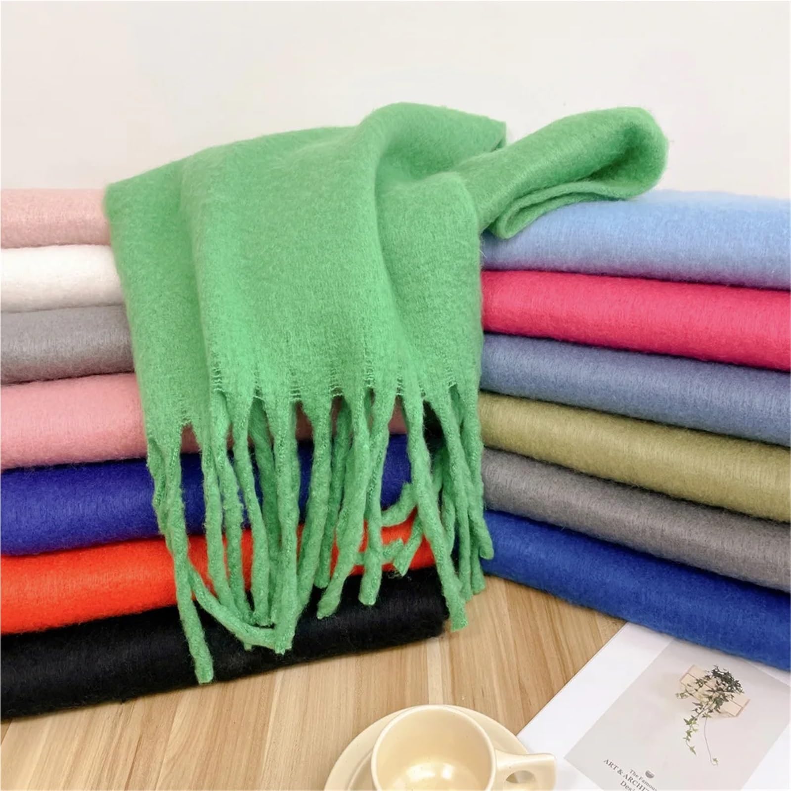 Sciarpa Pashmina Invernale in Mohair da Donna, Sciarpa Lunga Calda Morbida e Ispessita, Scialle soffice con Nappe Classiche(Light Blue)