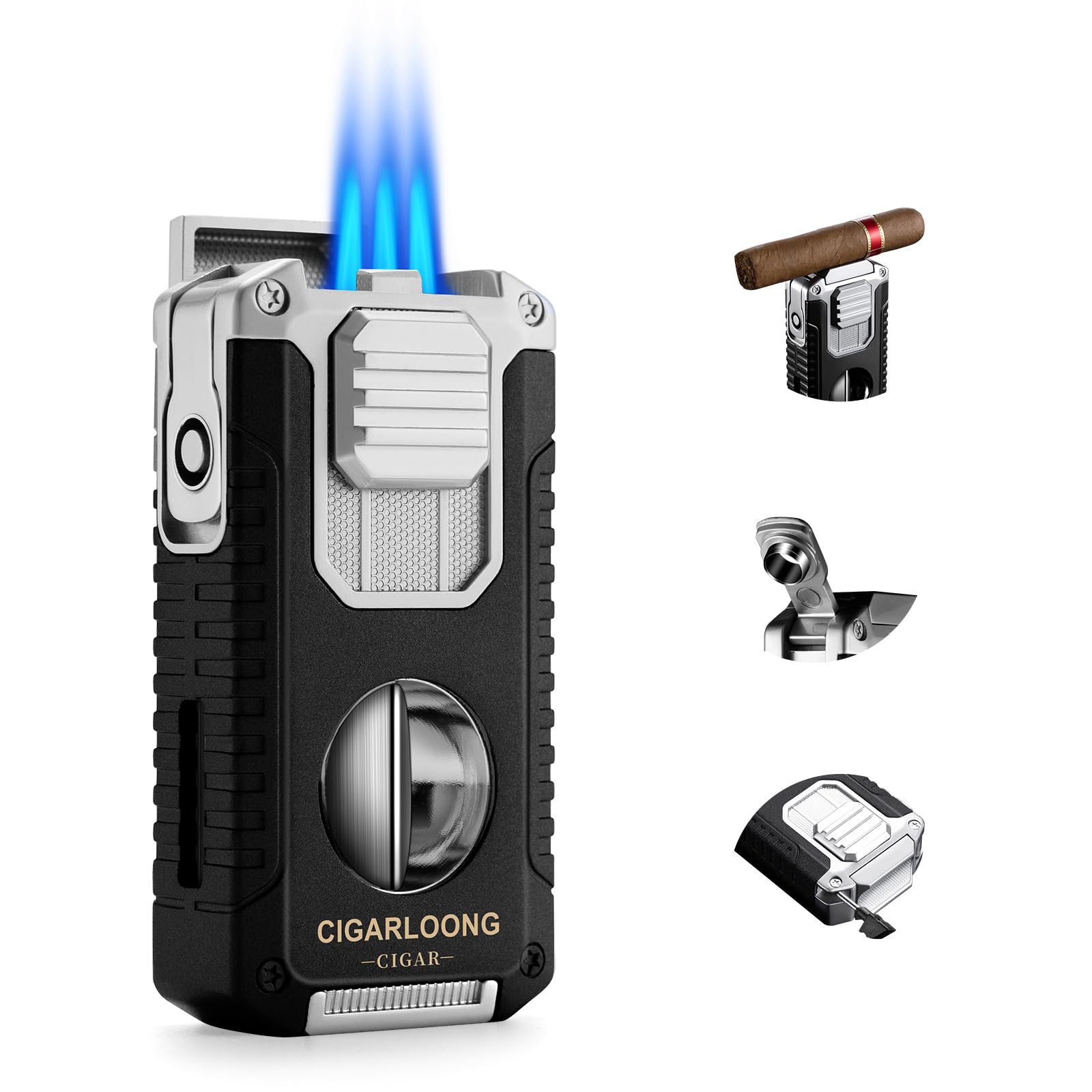 Briquet à Cigare Multifonction 5 en 1 avec Coupe Cigare en V, poinçon, Aiguilles, Porte-Cigare Le Support, Briquet Butane à Triple Jet de Flamme, sans Gaz (Noir)