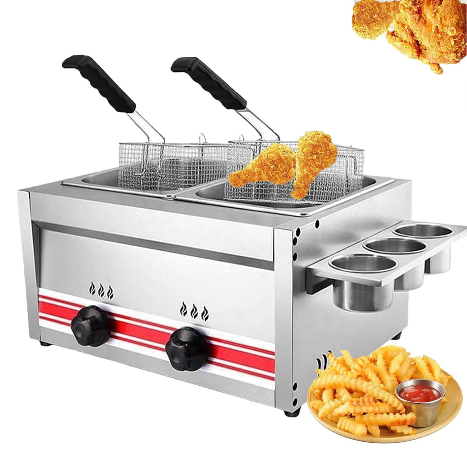 Freidora de gas de doble tanque con 2 cestas y tapas, freidora comercial de propano para encimera para papas fritas, pollo, donas
