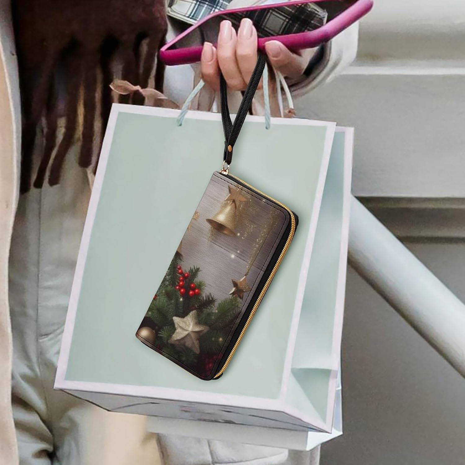 DWVTSLH クリスマスツリーとベルのプリント財布 ジップアラウンド財布 レザーロングウォレット 男女兼用 クレジットカードホルダ