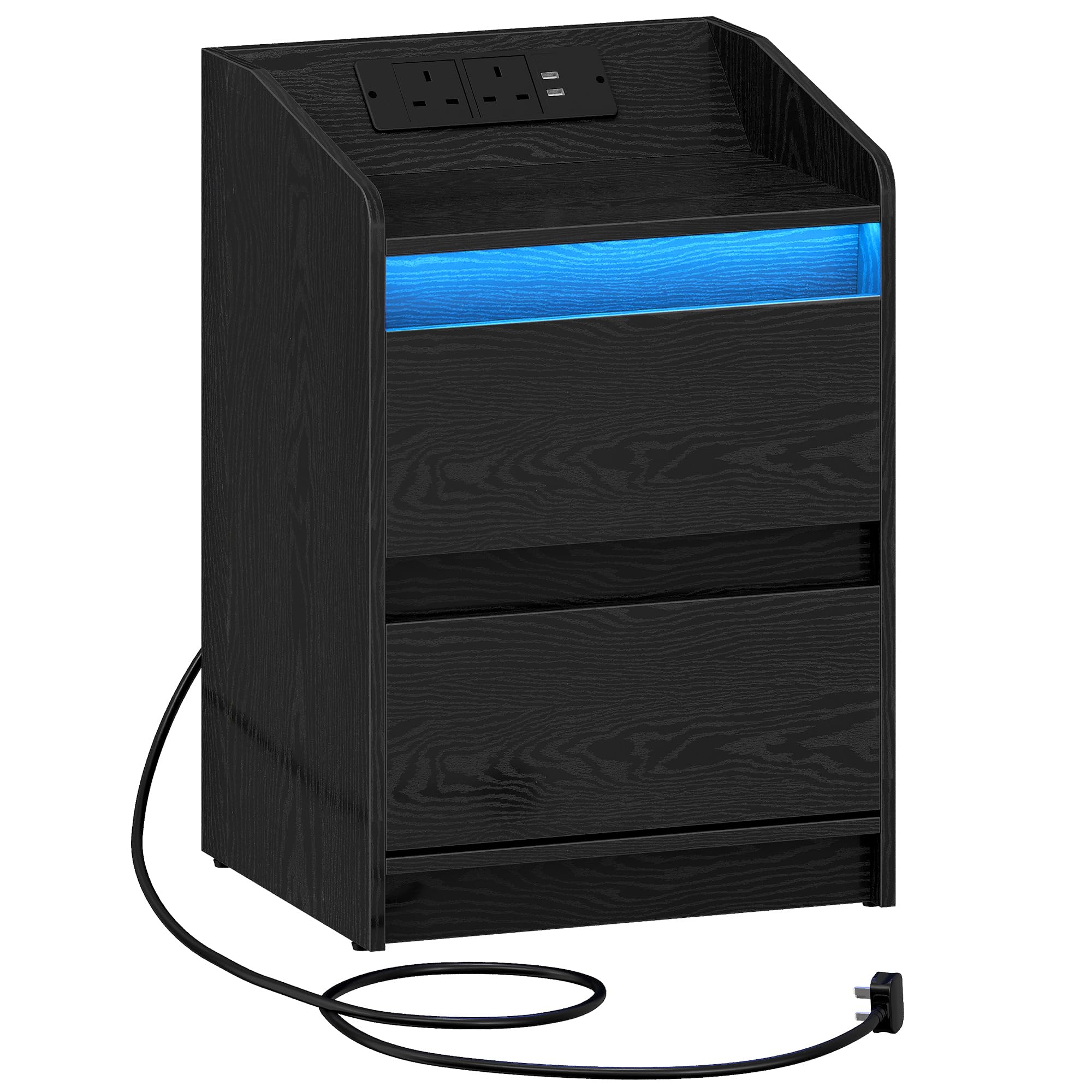 Hzuaneri Mesitas de Noche con Luces LED, Estación de Carga y 2 Cajones, Mesa Auxiliar con Puertos USB y Enchufes de Energía, Elegante y Versátil, Ideal para Sala de Estar y Dormitorio, Negro NS30004X