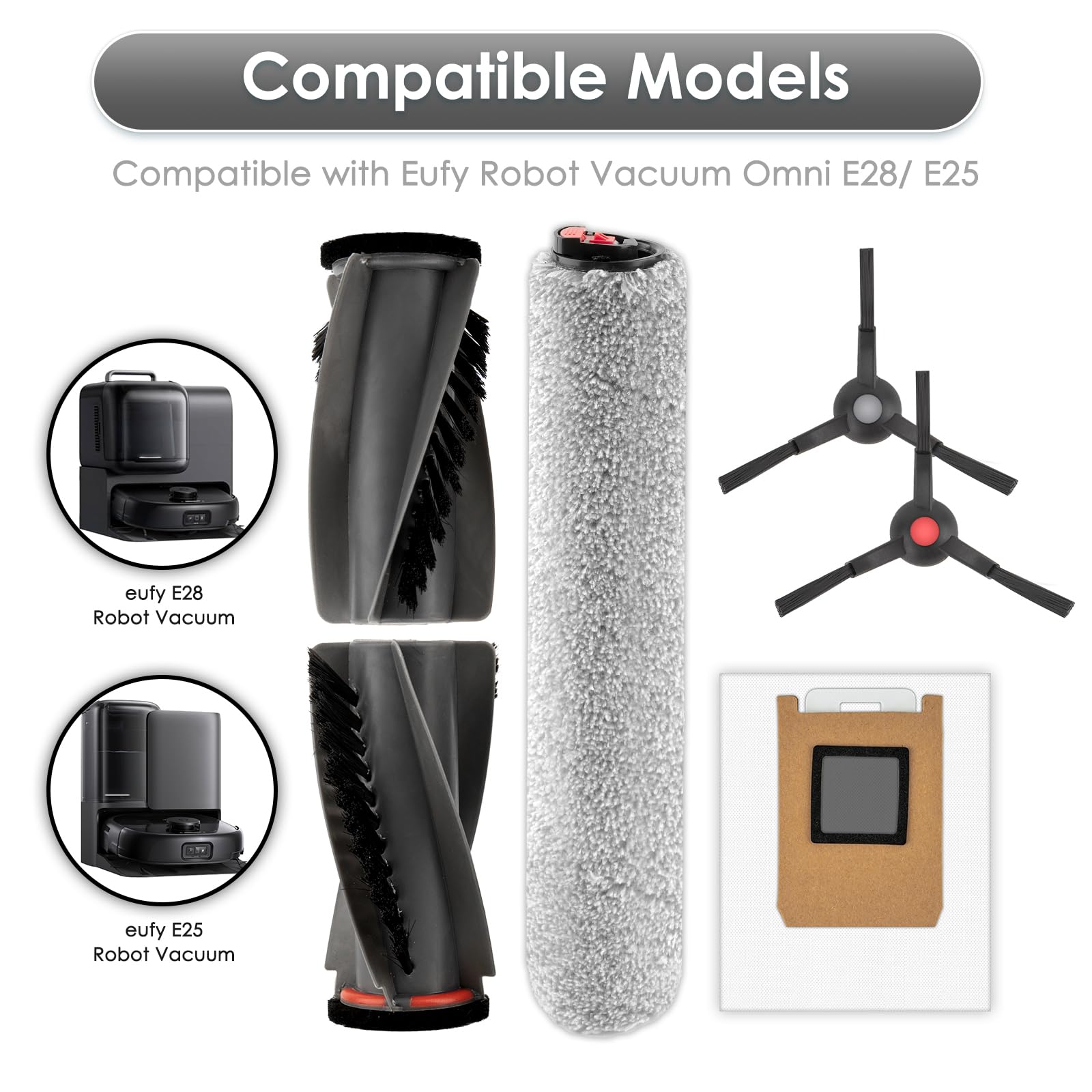 (20 Piezas) E28 E25 Kit de Repuestos y Accesorios para Aspiradora Robot Eufy E28 Omni/ E25 Omni, 2 Cepillos Rodantes, 2 Mopas Rodantes, 6 Cepillos Laterales, 4 Filtros HEPA, 6 Bolsas para Polvo