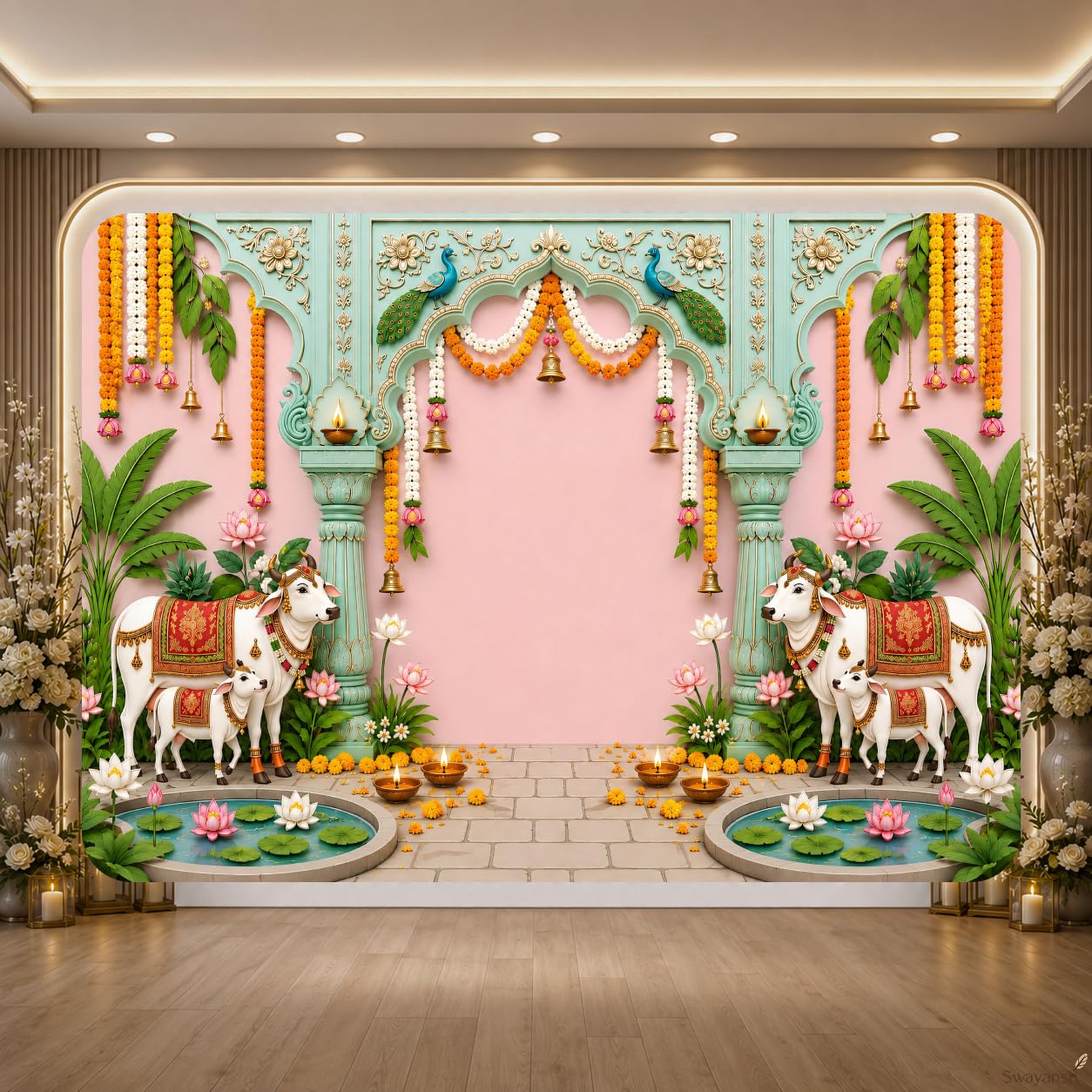 Backdrop Cloth for Decoration 7 x 5 FT Traditional Background Decoration Cloth Temple Mandir Photography Baby Shower Haldi Ganpati House Warming Annaprashan Seemantham Decor-image-4