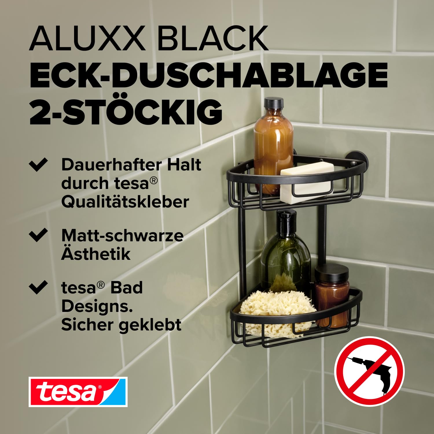 tesa ALUXX BLACK Cesta Rinconera de Ducha, Negro Mate - Dos Niveles - Baños Modernos y con Estilo Industrial - Montaje Adhesivo sin Taladrar - 262 mm x 163 mm x 163 mm