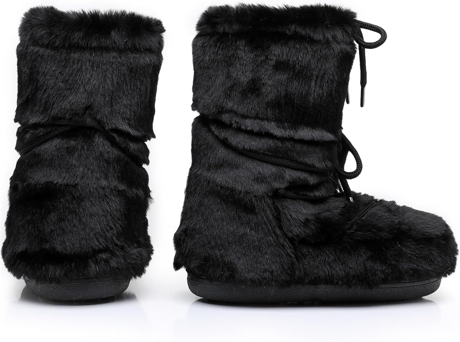 Black White Fur Boots, Furry Fuzzy Snow Boots for Women with Faux Fur Lined Non-Slip Lace-up Mid-Calf Ski Boots 2025