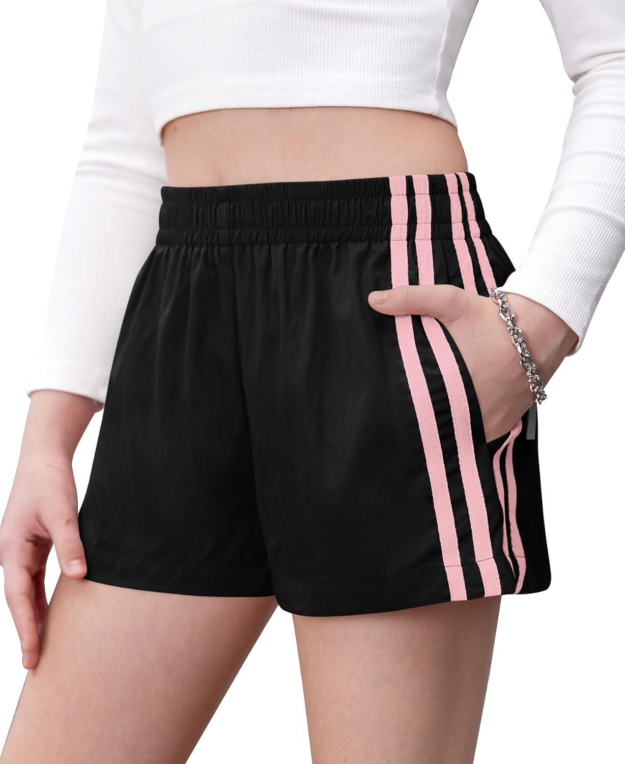 Girls Athletic Shorts, Y2K Striped Mini Track Shorts with Contrast Webbing, Casual & Sports Wear for 6-14 Years