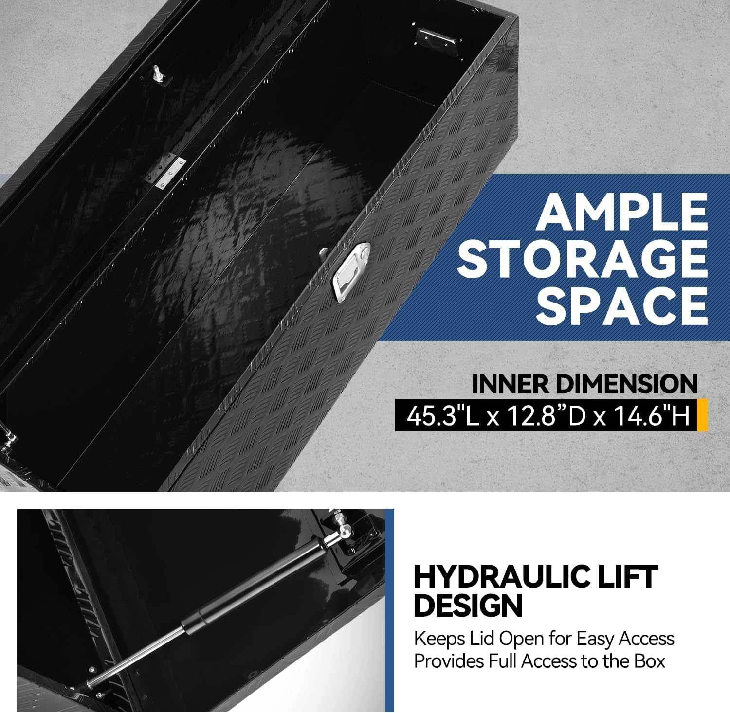 Auto Dynasty Aluminum Tool Boxes Truck Bed Organizer with Recessed Side Handles, Keys with Lock, Hydraulic Lift, 46.9'' W x 15.0" D x 15.0" H, Powdercoated Black Aluminum & Steel