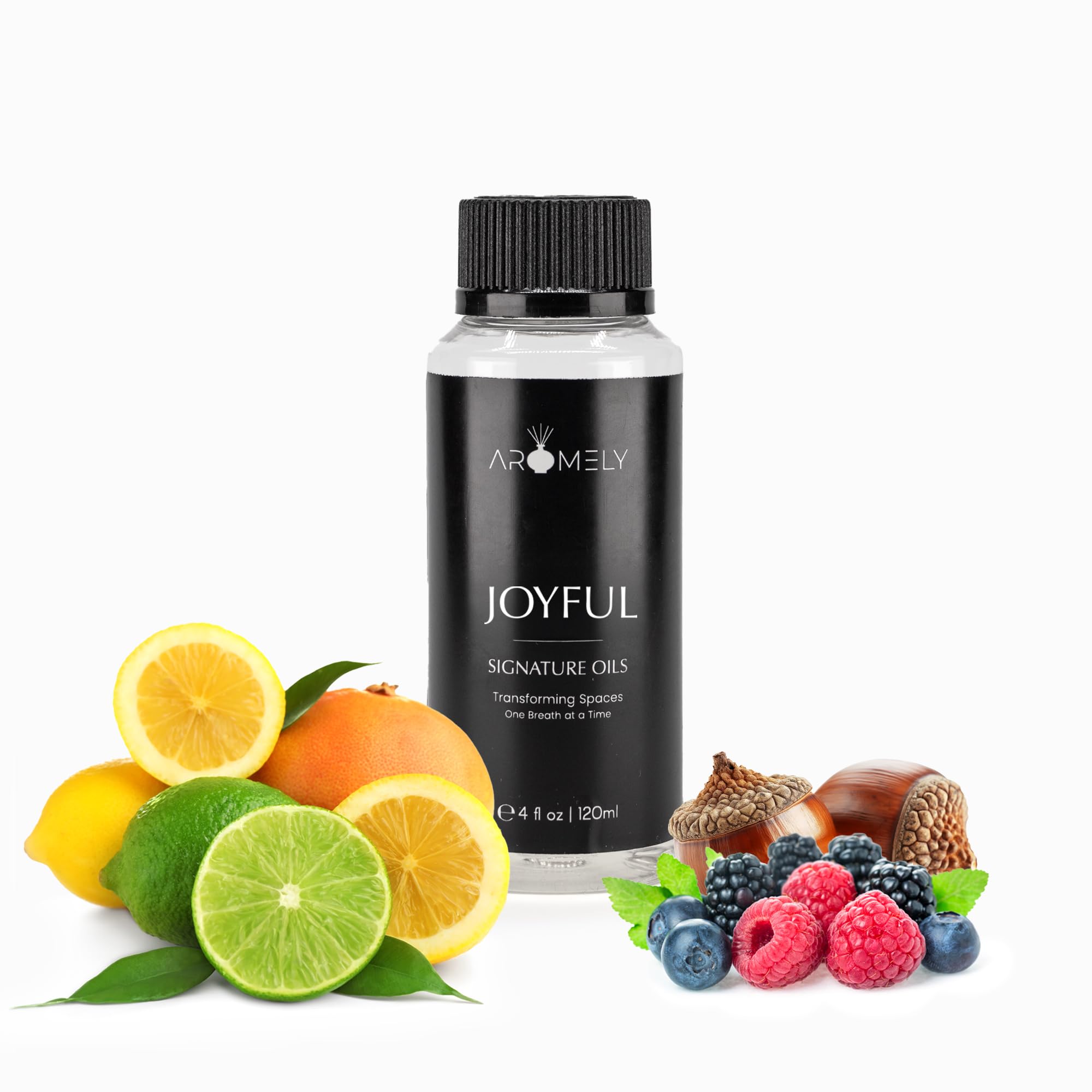 Joyful by Aromely Essential Diffuser Oil Blend - Signature Diffuser Aroma Scent - Luxurious Fragrance with Notes of Lemon, Oranges, Basil, BlackBerry, Red Berries, Musk and Oak (120ml)
