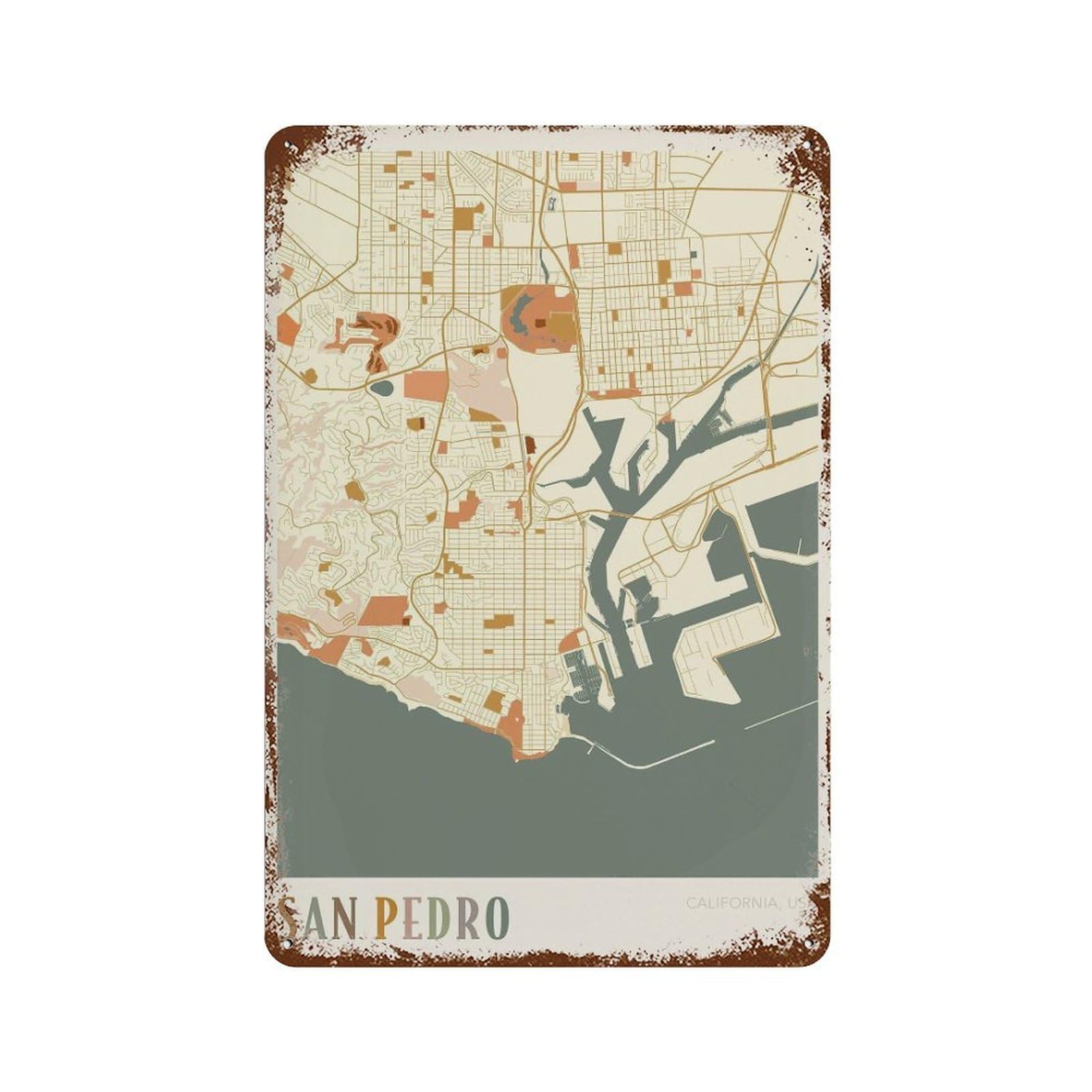xiaoxiaoshen San Pedro Map California Travel Gift Boho Wall Decor Art Metal Tin Poster Modern Home Decor Art Home Bar Shop Decorations Vintage Sign 30x20cm