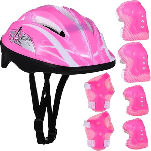 Kids Helmet with Sports Protective Gear Set: Toddler Knee Elbow Pads Wrist Guards Adjustable Helmet for Ages 3-8 Girls Cycling Skateboard Roller