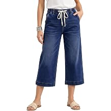 Vetinee Capri Jeans for Women Wide Leg Pull On Elastic High Waisted Straight Leg Pants Drawstring Stretch Denim Capris
