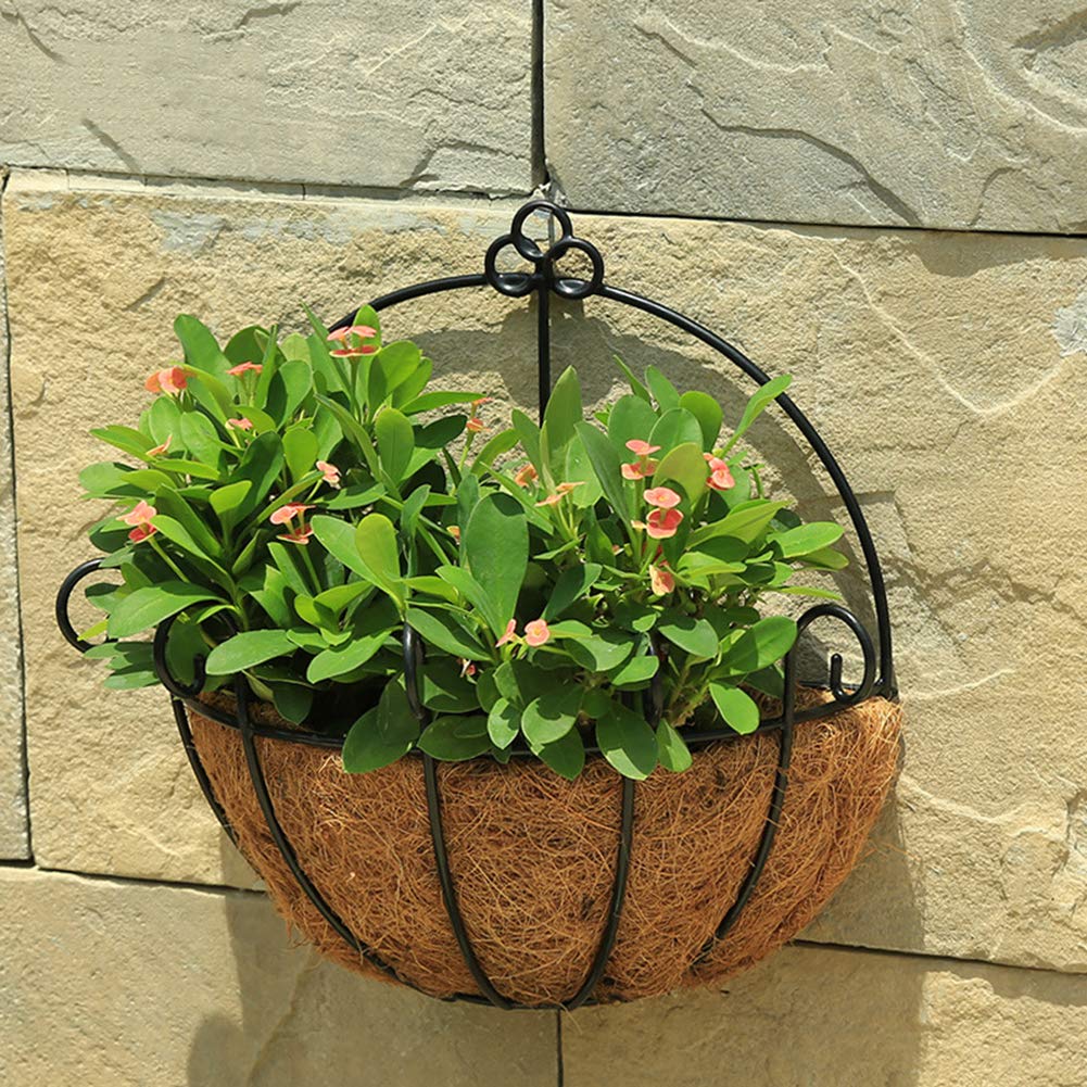Plcnn 2Pcs Metal Hanging Planter Basket with Coco Coir Liner, 10 inch Half Round Plant Flower Wall Holder Iron Wire Flower Pots Hanger for Garden Porch Balcony Decor