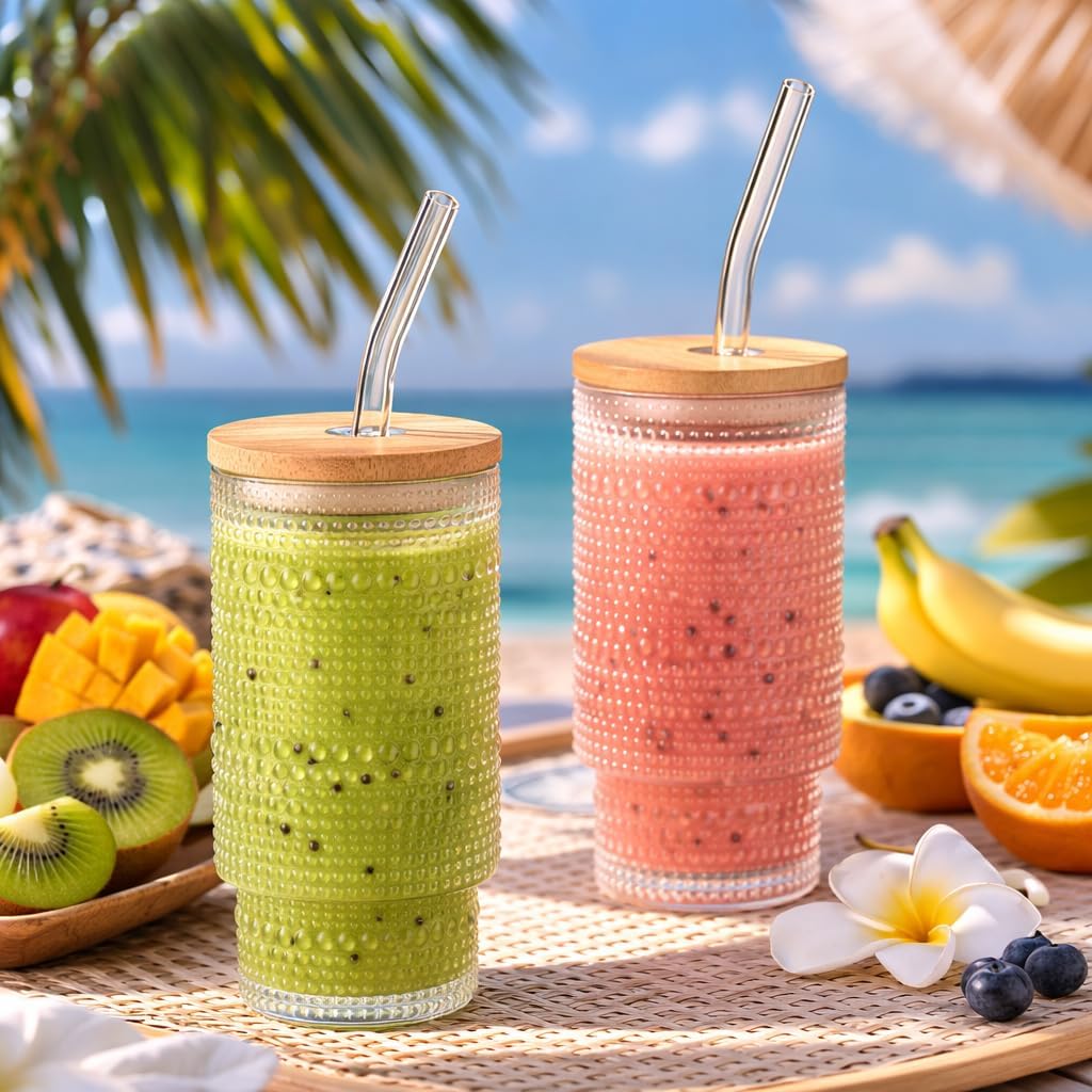 11oz Glass Cups with Bamboo Lids and Glass Straws, 4 Pack Clear Iced Coffee Cups, Vintage Embossed Drinking Tumblers, Smoothie Water Glasses Suitable for Hot and Cold Beverages