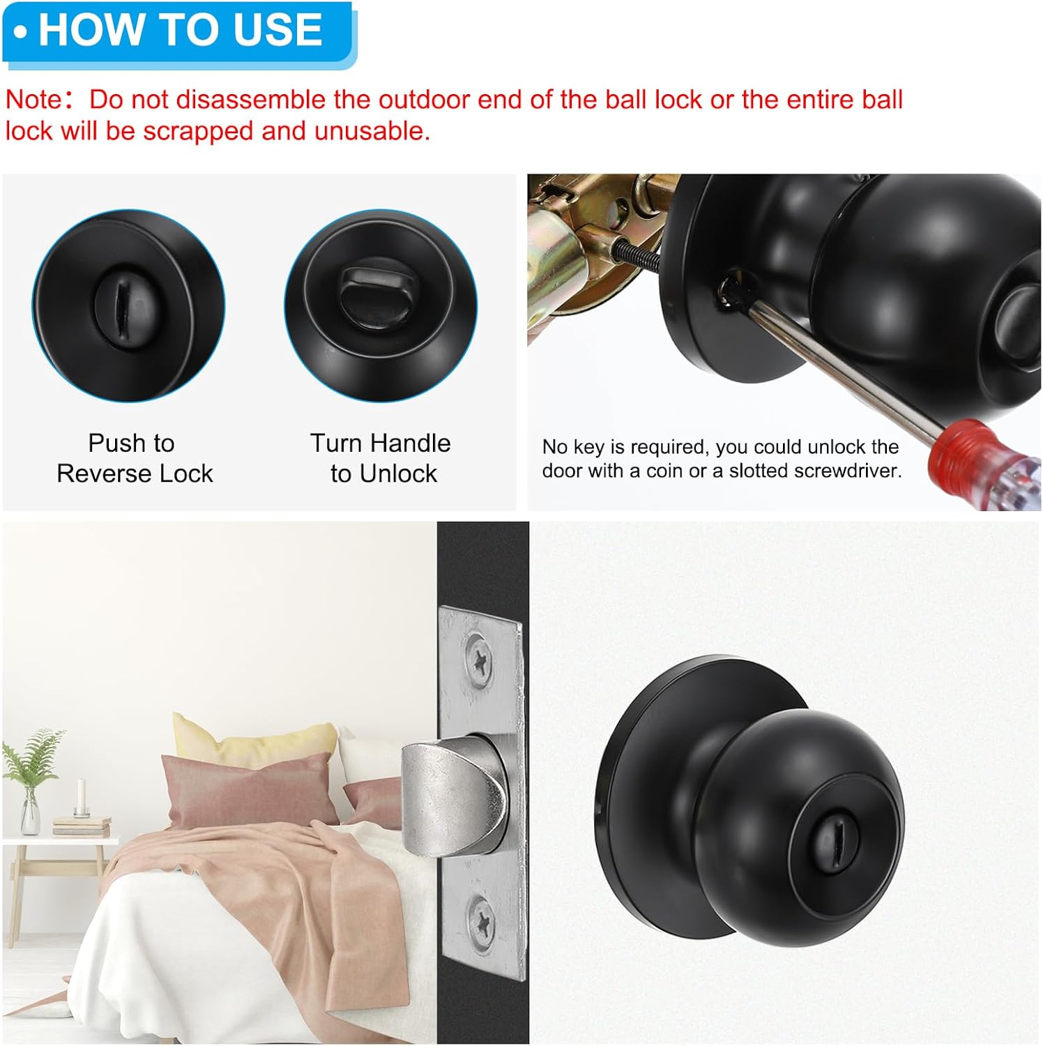 PATIKIL Key Entry Door Knobs Interior, 3 Pack Round Stainless Steel Bedroom Bathroom Door Knob with Lock Entry Indoor Outdoor Door, Black