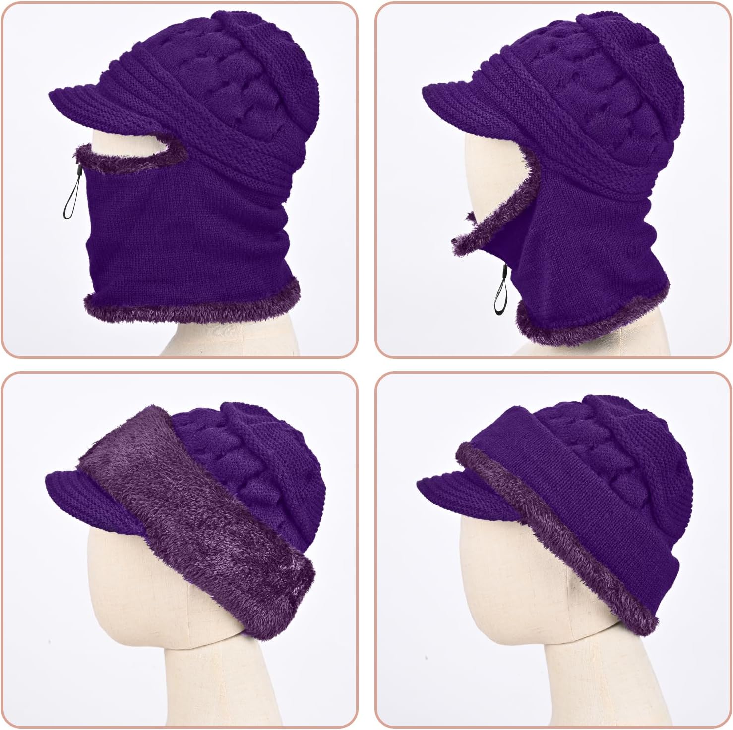 Fleece Lined Beanie Hat, Elastic Soft Ear Protection Knitted Mask Hat with Zipper, Face Neck Warmer Set for Women - Image 5