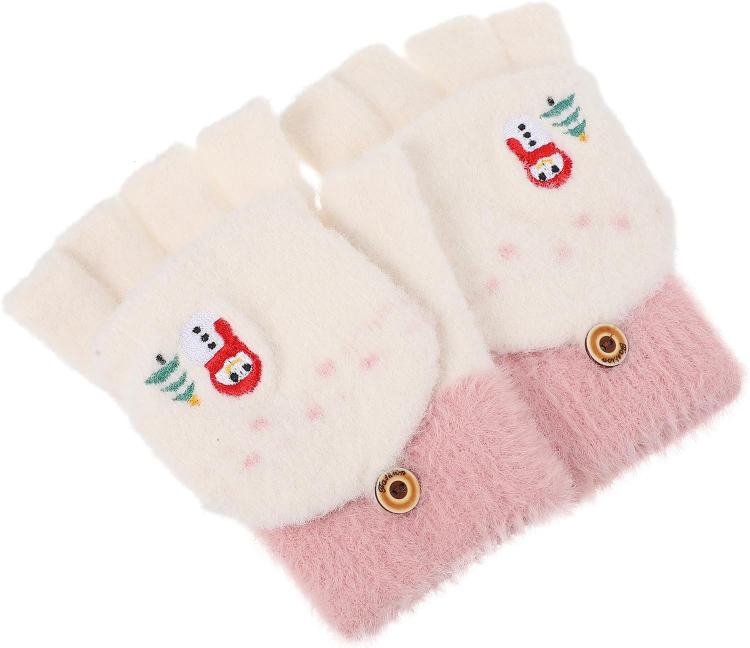 Warm Gloves Half-finger Acrylic Knit Flip-cover Mittens Cartoon Xmas Pattern Soft Cozy Winter Gloves for Boys