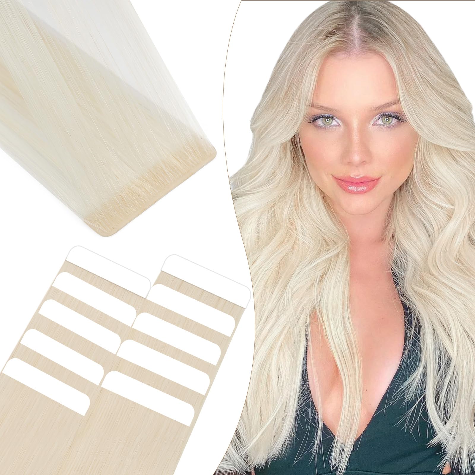 Elailite Extension Biadesivo Capelli Veri Adesive Human Hair Cuciti 10 Ciocche Tape Extensions Biadesive 20g 25cm #60 Biondo Platino