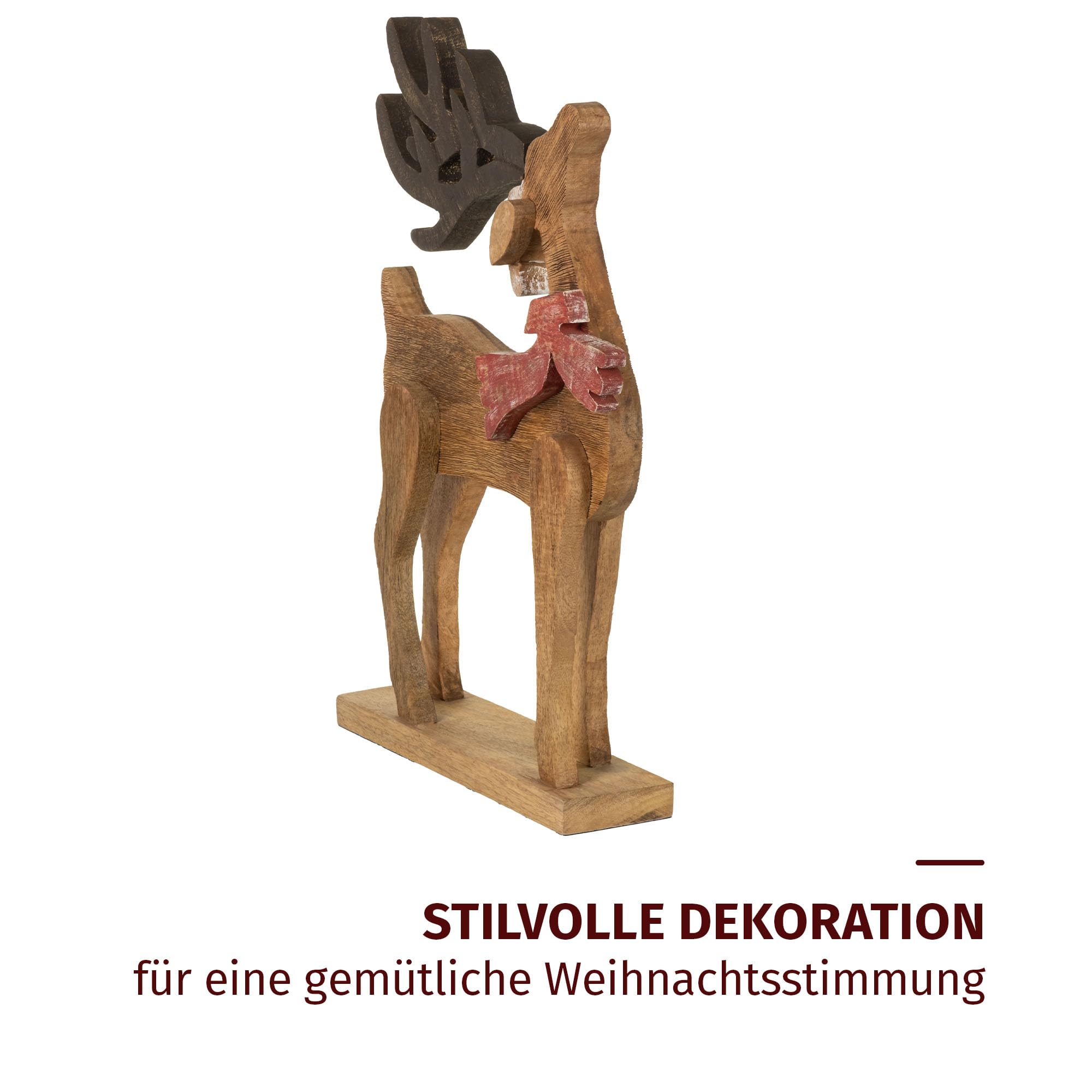 Moritz Décoration de Noël - Figurine de renne en bois de manguier - 55,5 cm - Fabriquée à la main - Avec écharpe rouge et bonnet de Noël - Décoration d'hiver pour salon, rebord de fenêtre ou cheminée