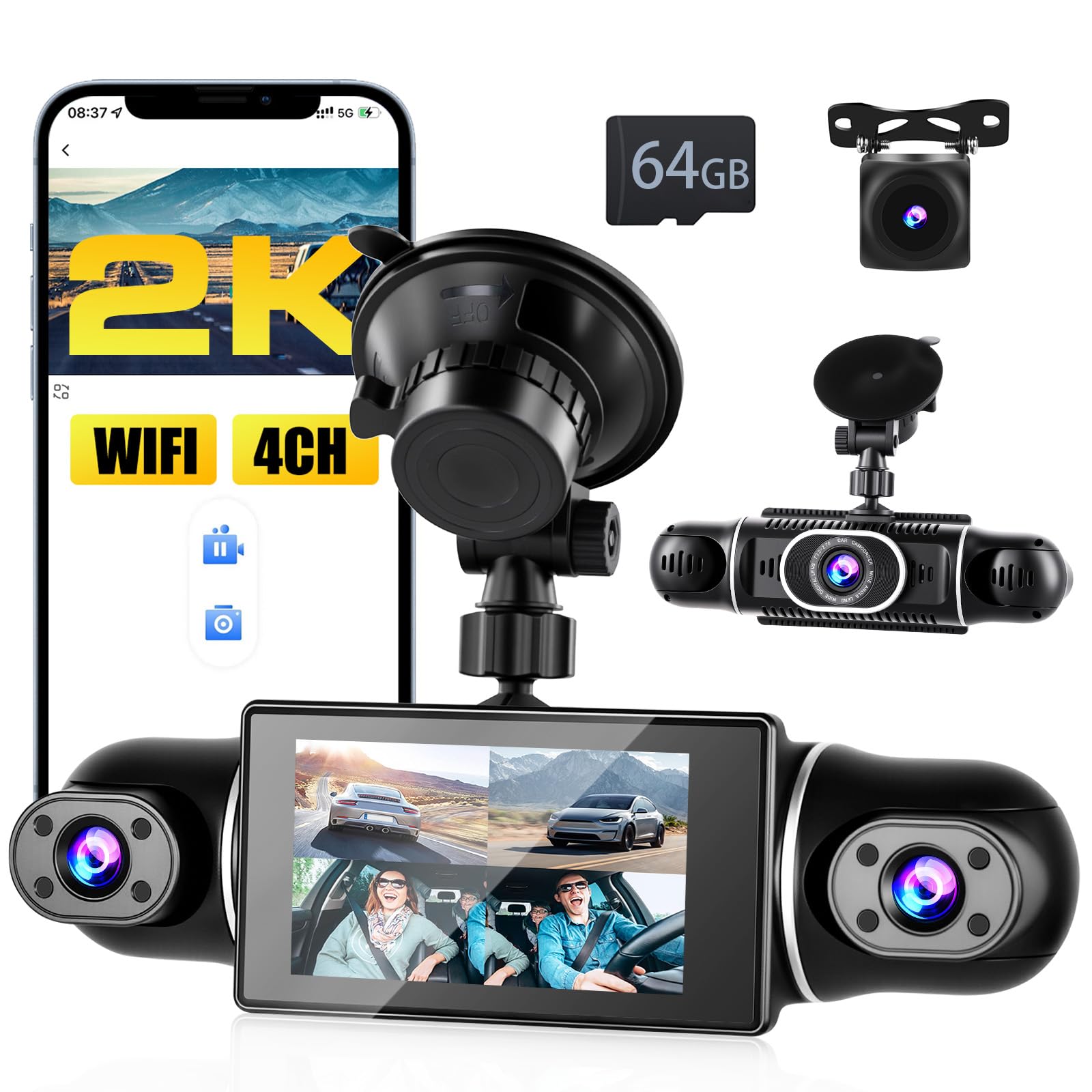 2K WiFi Dashcam Coche Delantero Trasero Interior, con Tarjeta SD 64G, 2K+1080P*3 FHD 4 Canales Dash CAM, Cámara para Coche 360°con Ayuda a Marcha Atrás, Sensor G, visión Nocturna