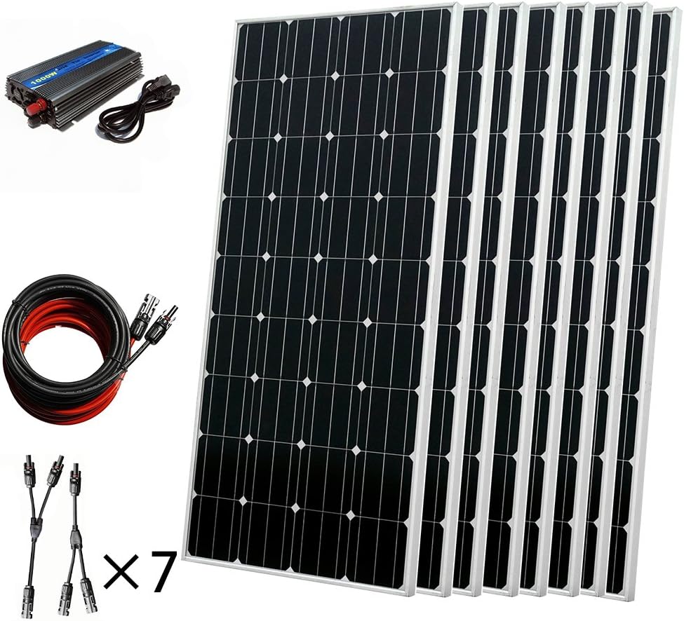 ECOWORTHY 1200W 12V/24V On-Grid Tie kits For Home Power Supply With 8 Pcs 150W Mono solar panels + 1000W On-Grid Inventer + Solar Cable Connectors