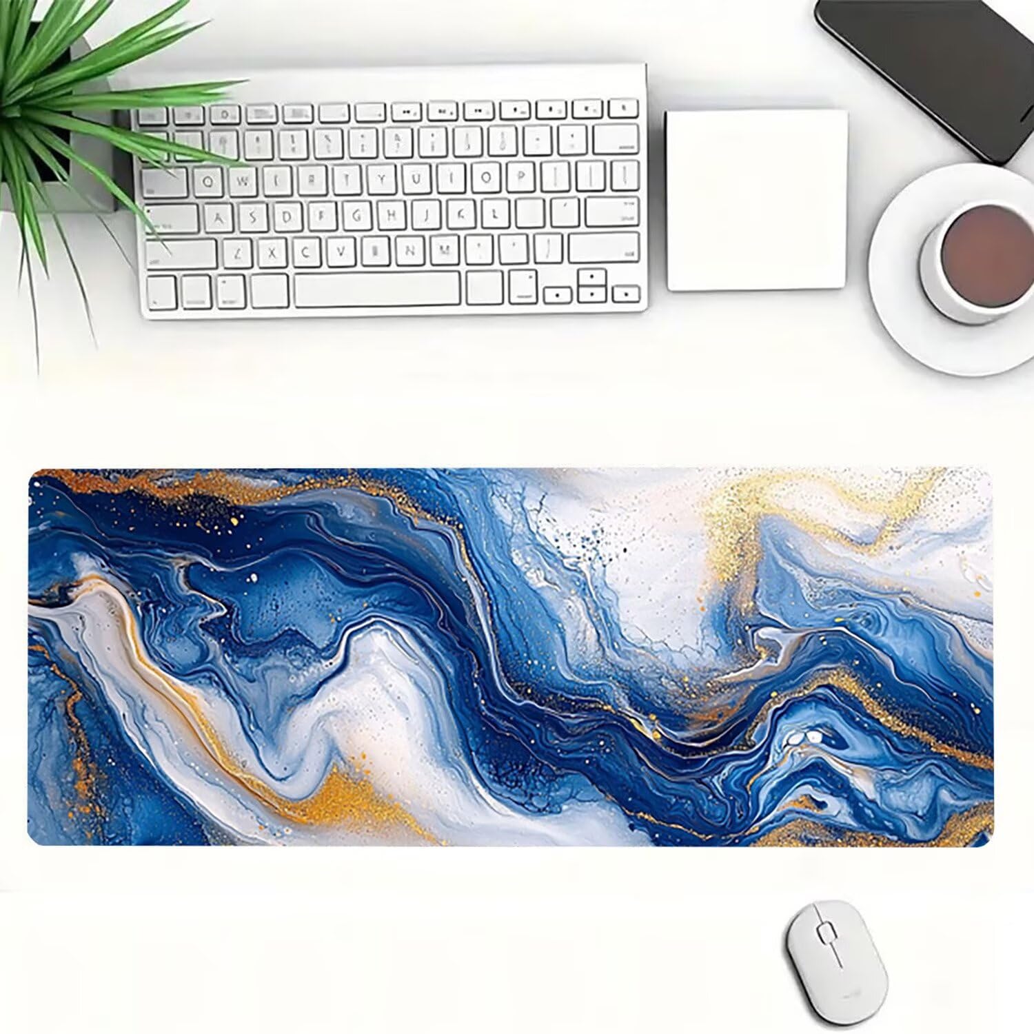 Podkładka pod mysz do gier XXL niebieski marmurowy wzór, mata na biurko XXL - 1400 x 600 x 3 mm - pod ręką biurko, podkładka pod mysz dla graczy antypoślizgowa gumowa podkładka szyta krawędziami, dla