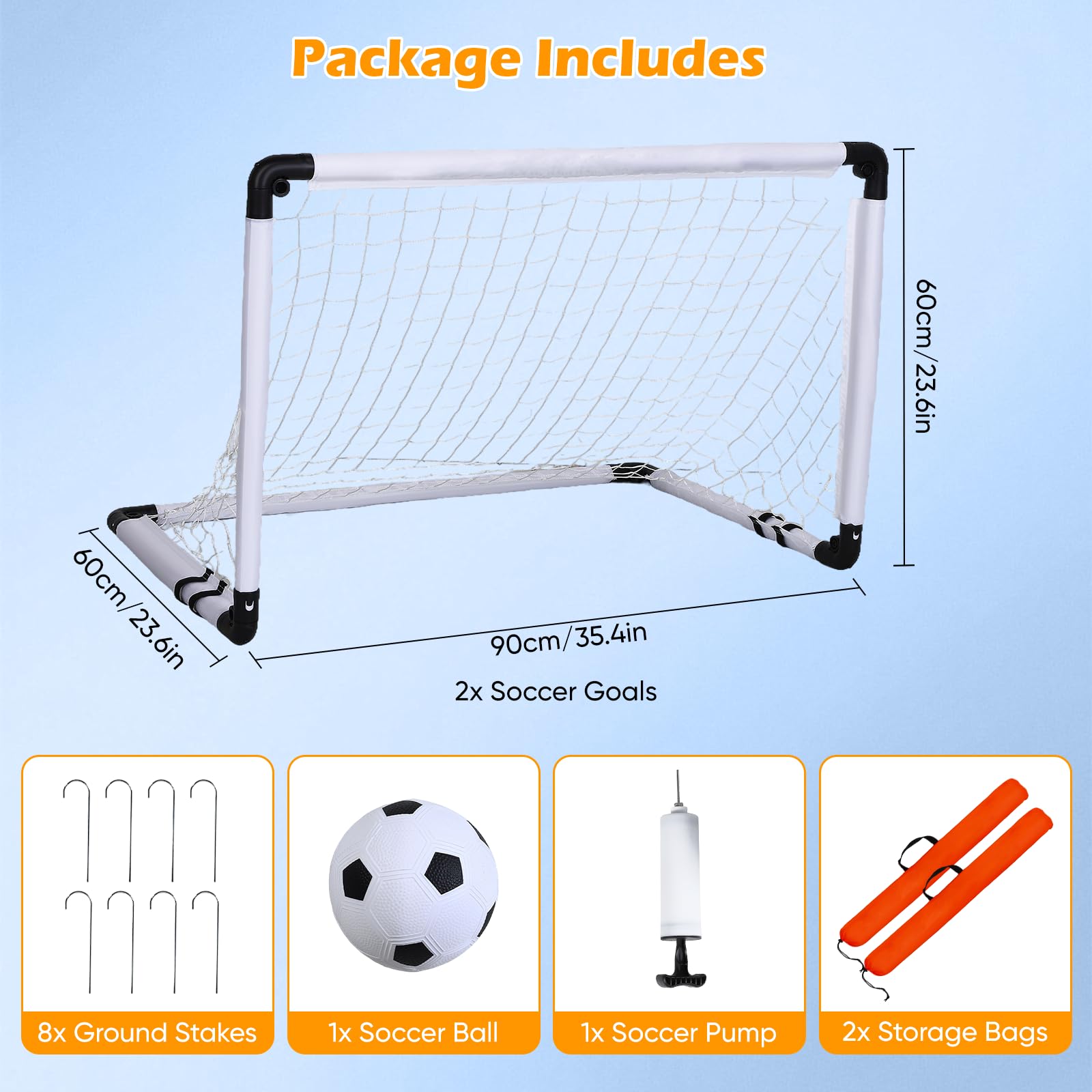 Set di 2 porte da calcio per bambini - Porte da calcio con pratica borsa per il trasporto, giochi all'aperto per bambini con pallone da calcio, pompa ad aria, 8 picchetti di ancoraggio