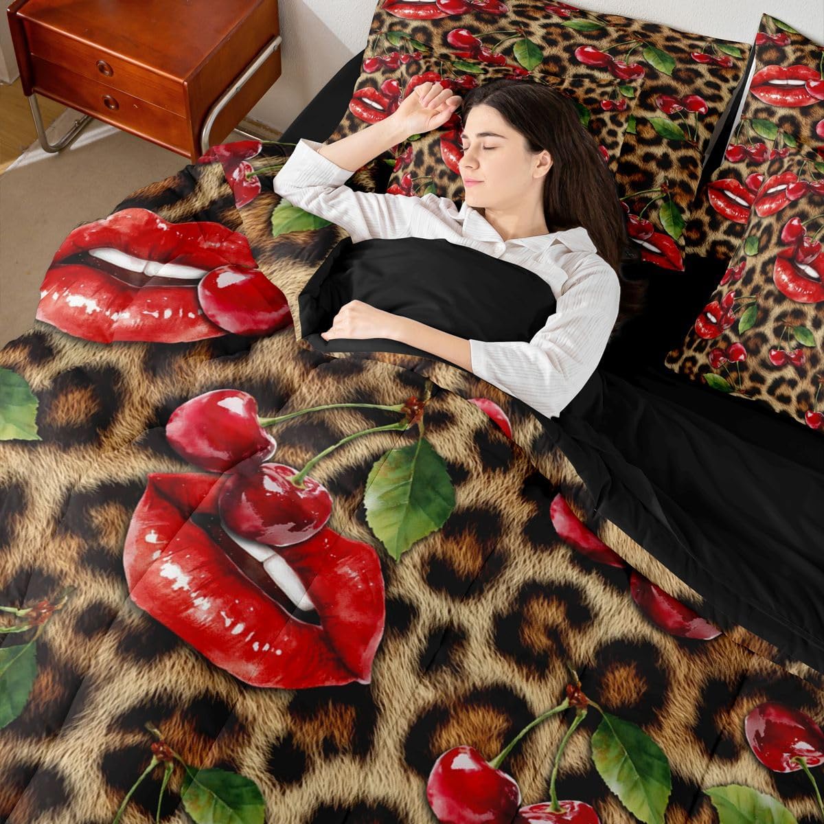 Castle Fairy 7 Pcs Red Cherry Lip Bedding Sets Queen Brown Leopard Print Comforter Set Red Lipstick Romantic Style All Season Comforter Flat Sheet Fitted Sheet 2 Pillowcases 2 Throw Pillow Covers image 4