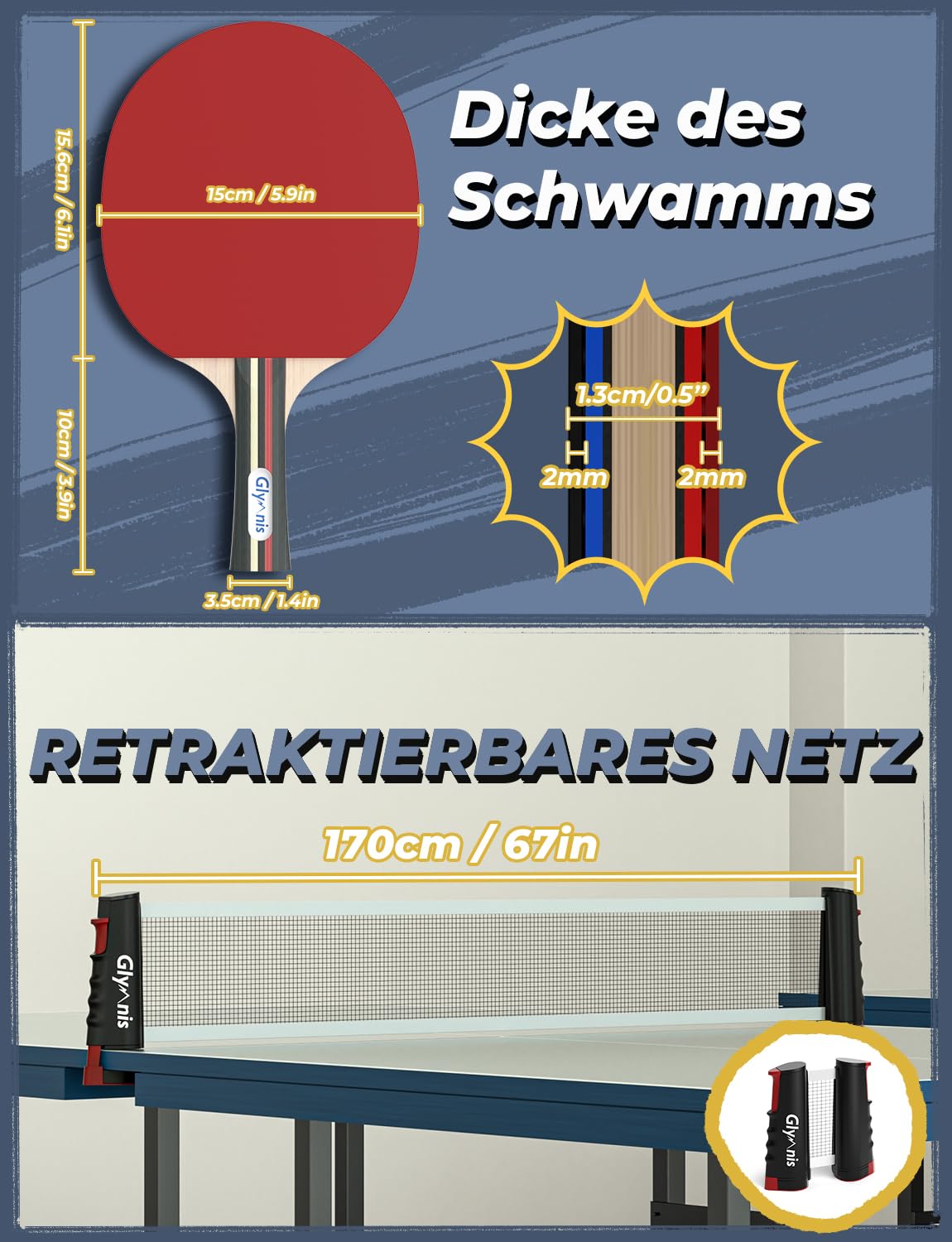Glymnis Tischtennis-Set Tragbares Ping Pong Bälle Set für Indoor Outdoor Spiel Tischtennis-Training mit einziehbarem Netz, Paddel, 3-Sterne-Bälle & Aufbewahrungstasche
